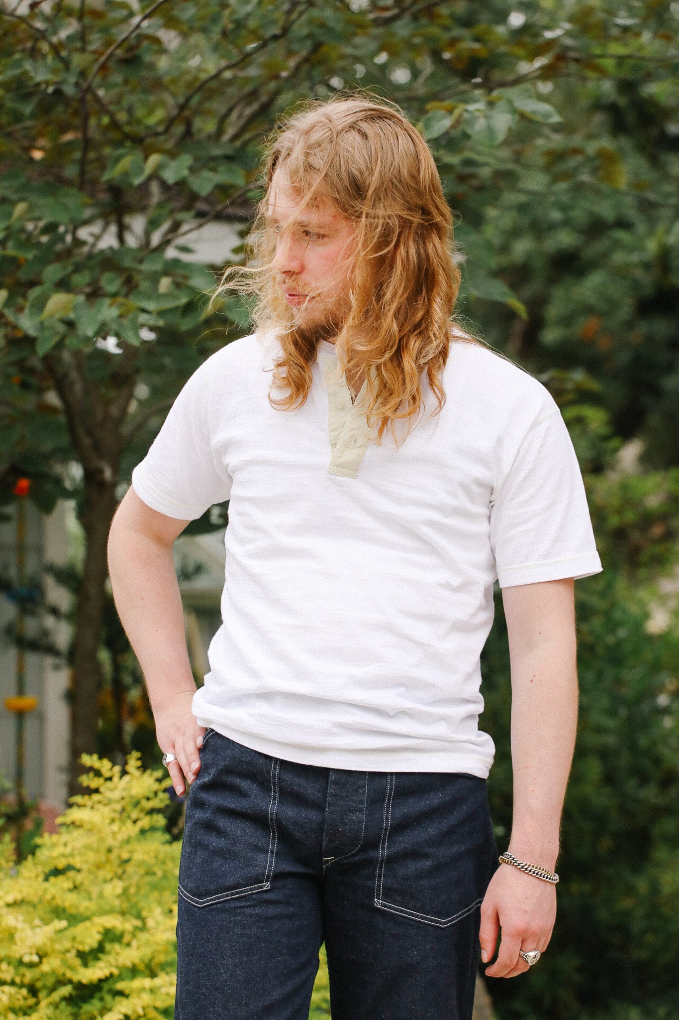 BR79192 Buzz Rickson Slub Yarn Henley Neck T-Shirt- White