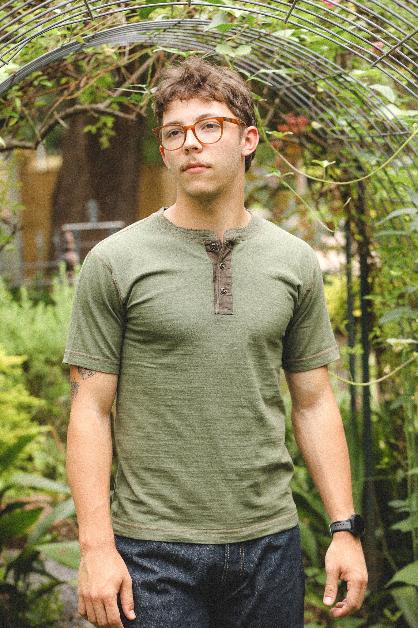 BR79192 Buzz Rickson Slub Yarn Henley Neck T-Shirt- Olive