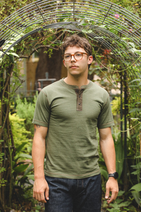 BR79192 Buzz Rickson Slub Yarn Henley Neck T-Shirt- Olive