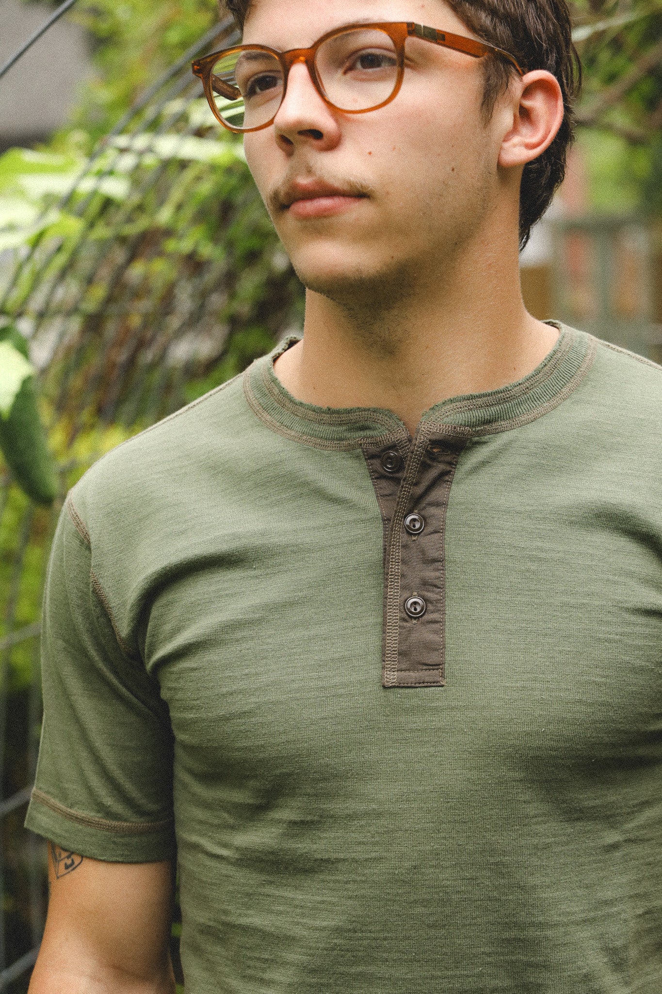 BR79192 Buzz Rickson Slub Yarn Henley Neck T-Shirt- Olive