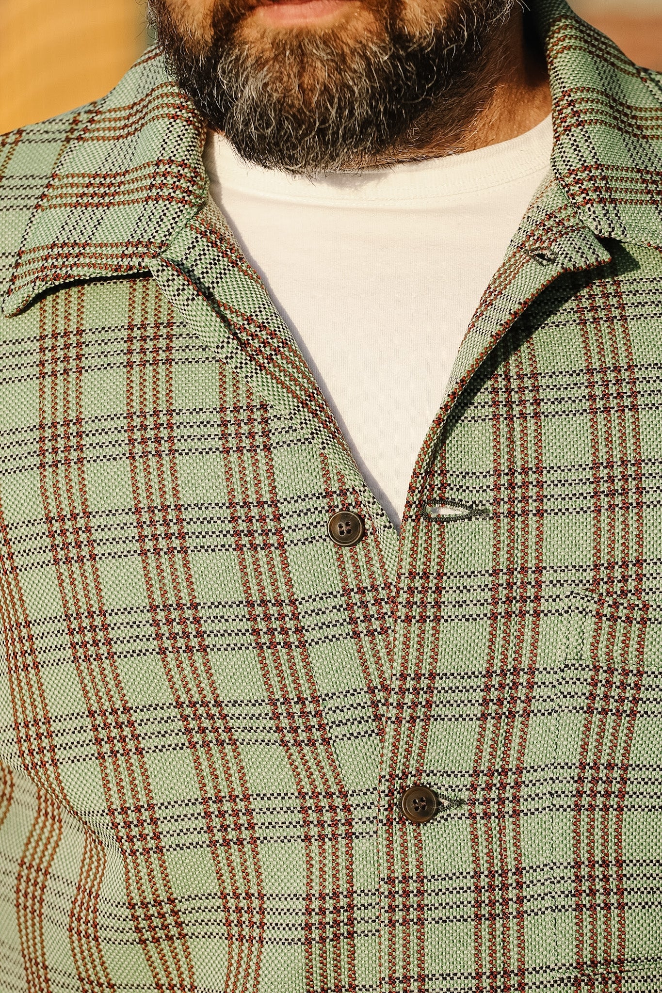 Close-up of a person wearing a green plaid jacket with a white shirt underneath.