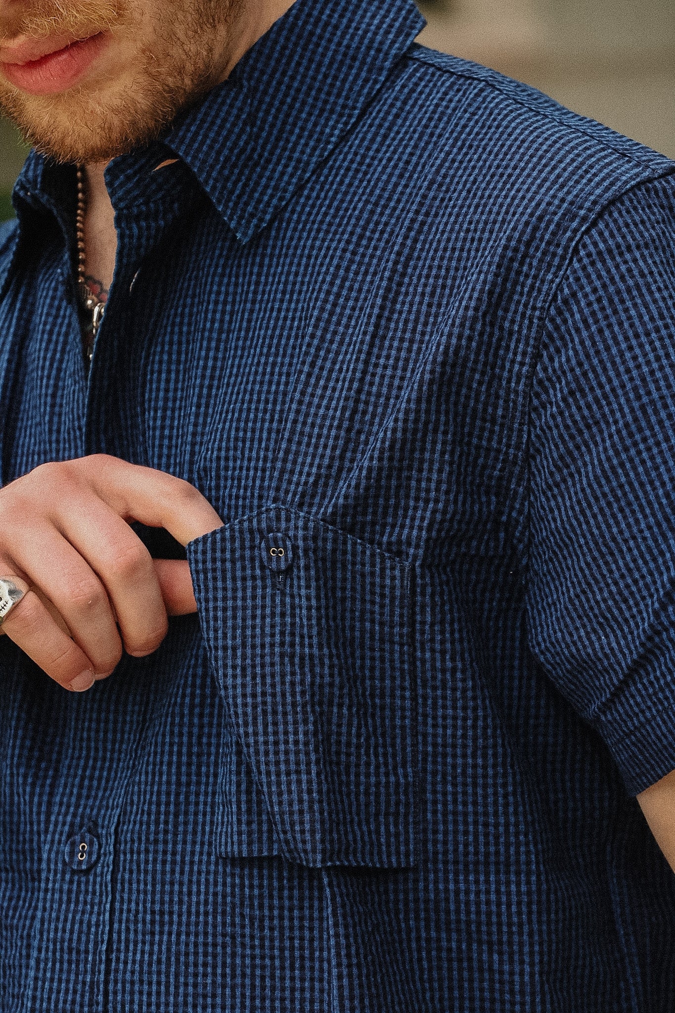 Pure Blue Japan SS-2244-2 Seersucker Indigo Check Shirt- Gingham