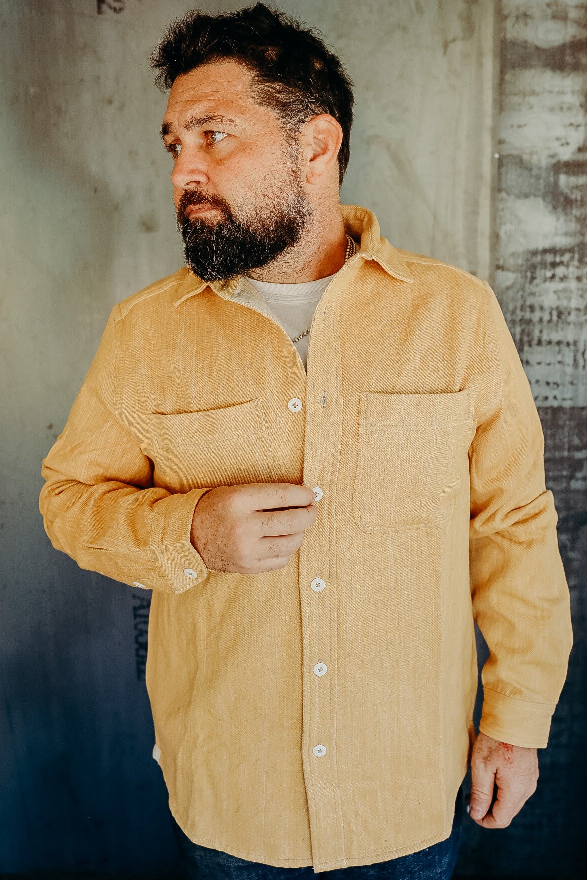 Ames Workshirt- handwoven desert sand denim