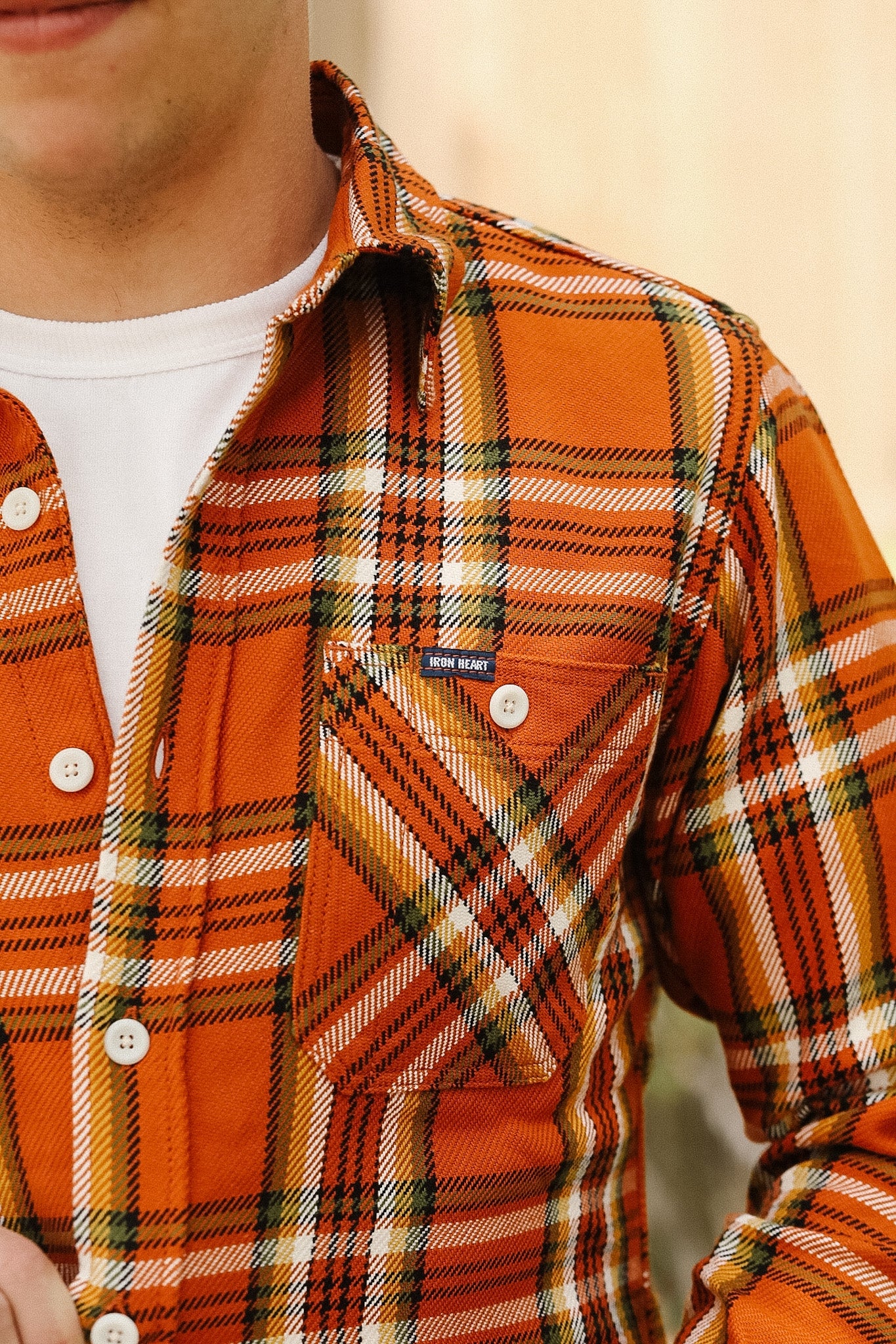 IHSH-442-ORA Iron Heart 9oz Selvedge Flannel Check Work Shirt IHSH-442-ORA Iron Heart 9oz Selvedge Flannel Check Work Shirt