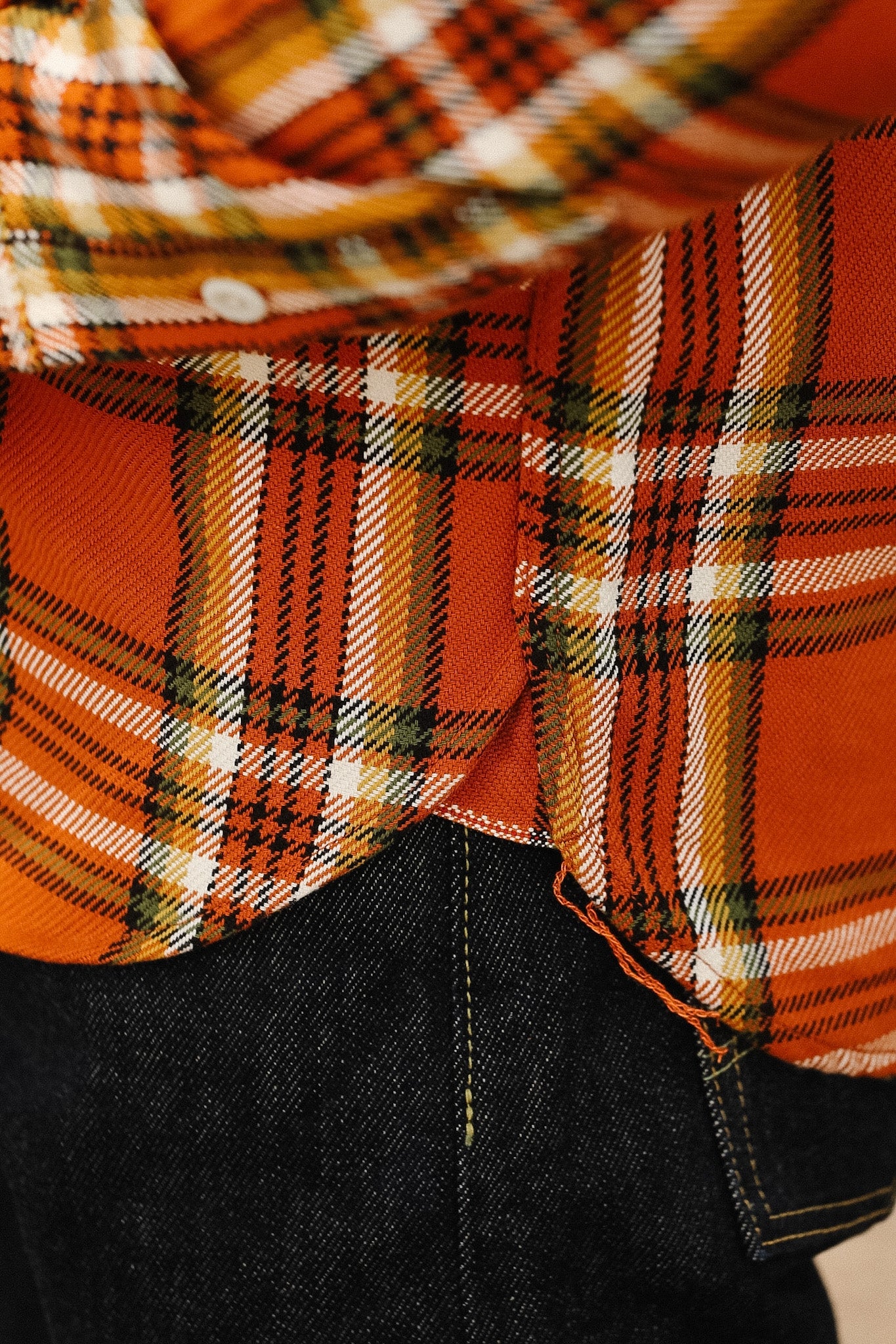 IHSH-442-ORA Iron Heart 9oz Selvedge Flannel Check Work Shirt