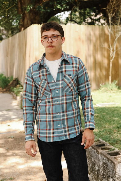 IHSH-442-SAX Iron Heart 9oz Selvedge Flannel Check Work Shirt