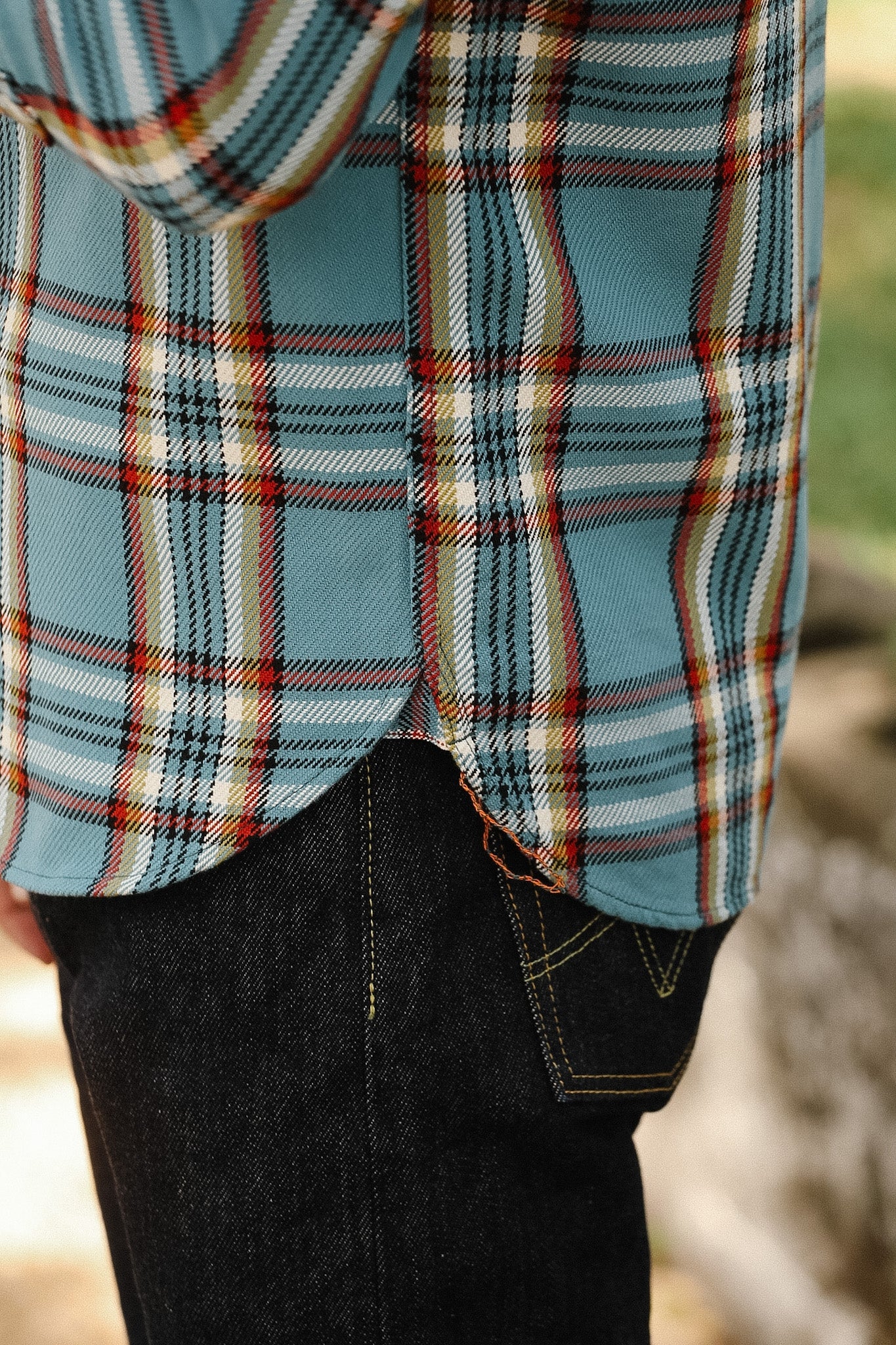 IHSH-442-SAX Iron Heart 9oz Selvedge Flannel Check Work Shirt