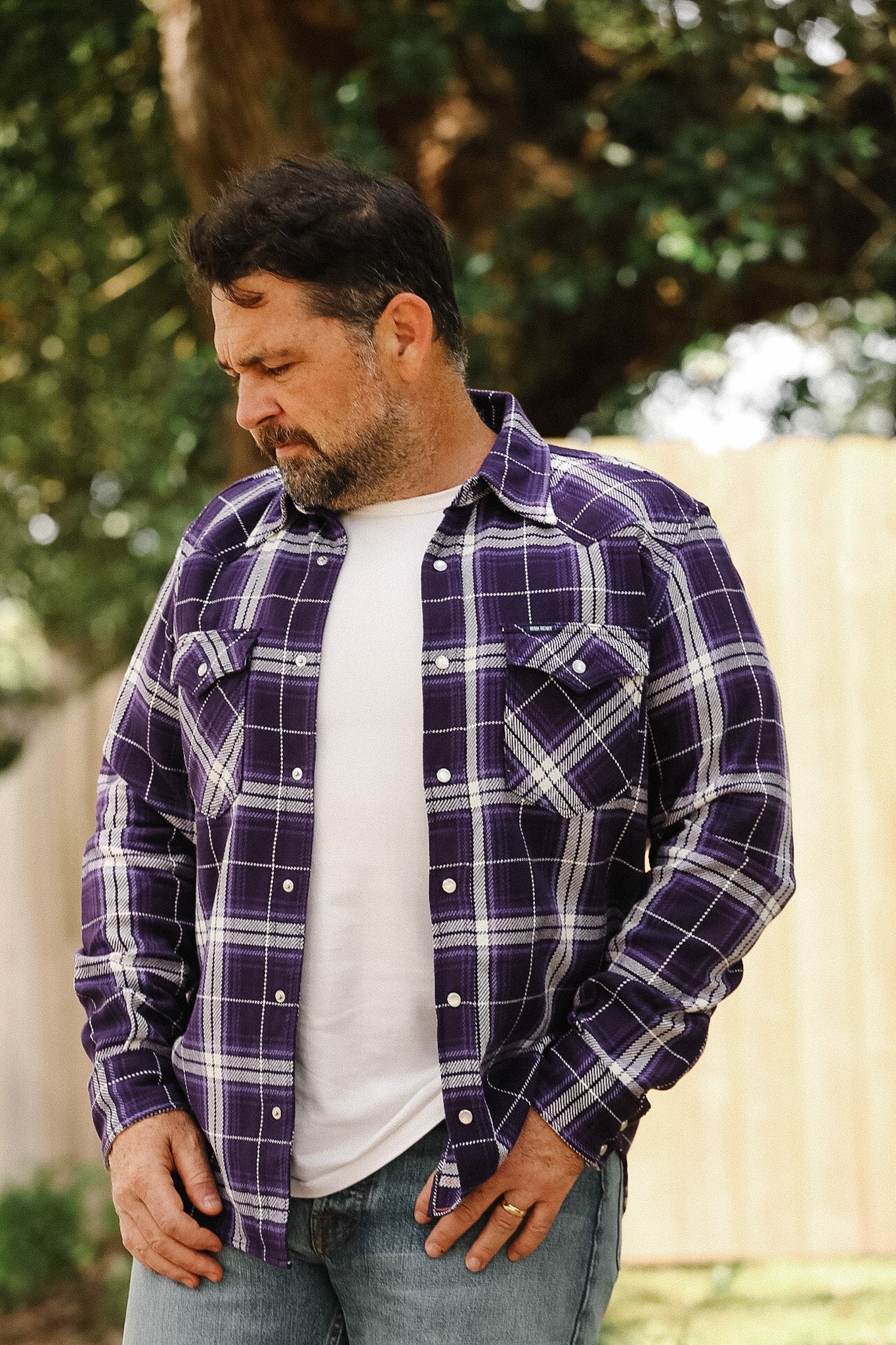 IHSH-439-PUR Iron Heart 9oz Selvedge Flannel Check Western Shirt