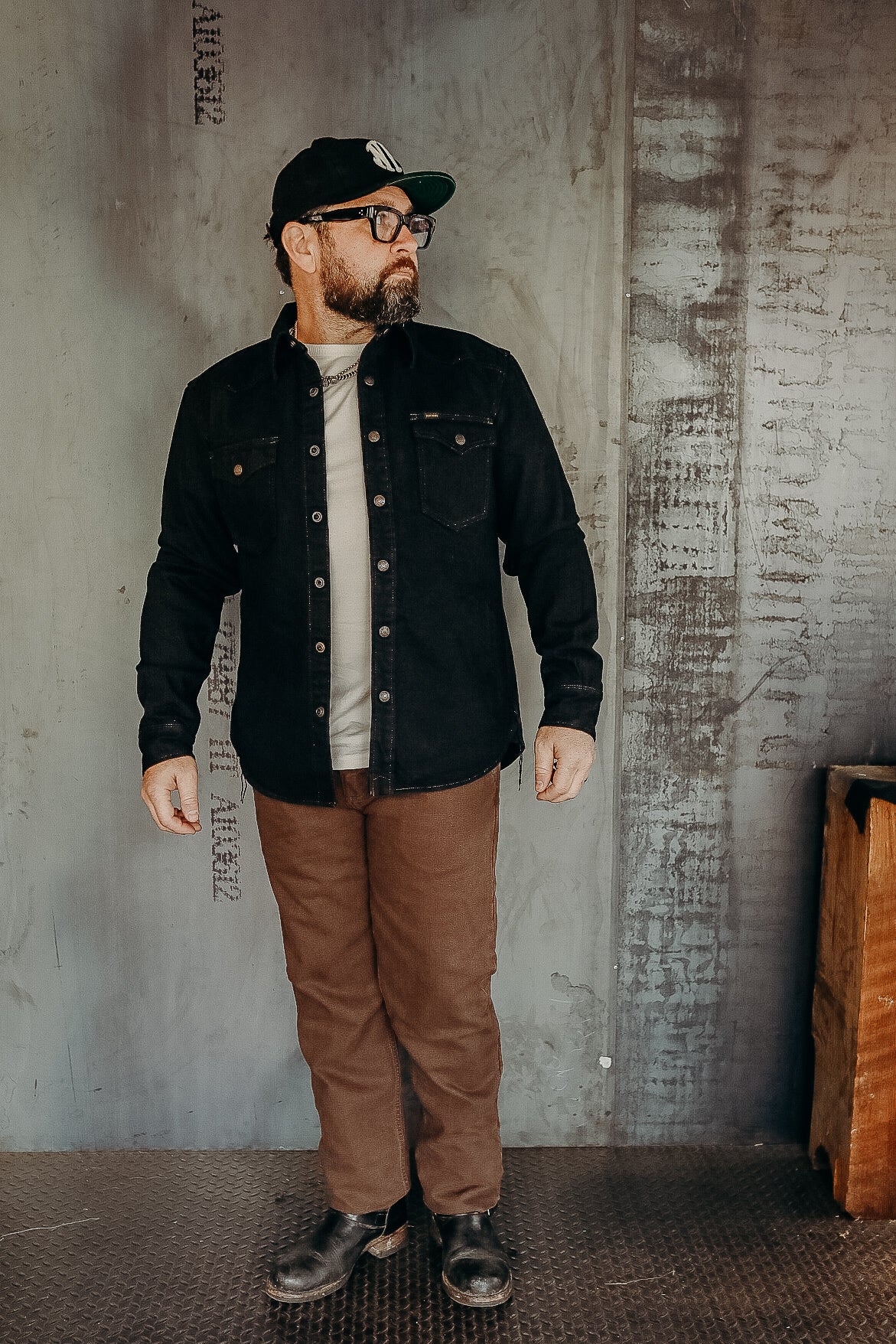 18oz Vintage Selvedge Denim CPO Shirt - Indigo Overdyed Black IHSH-293-OD