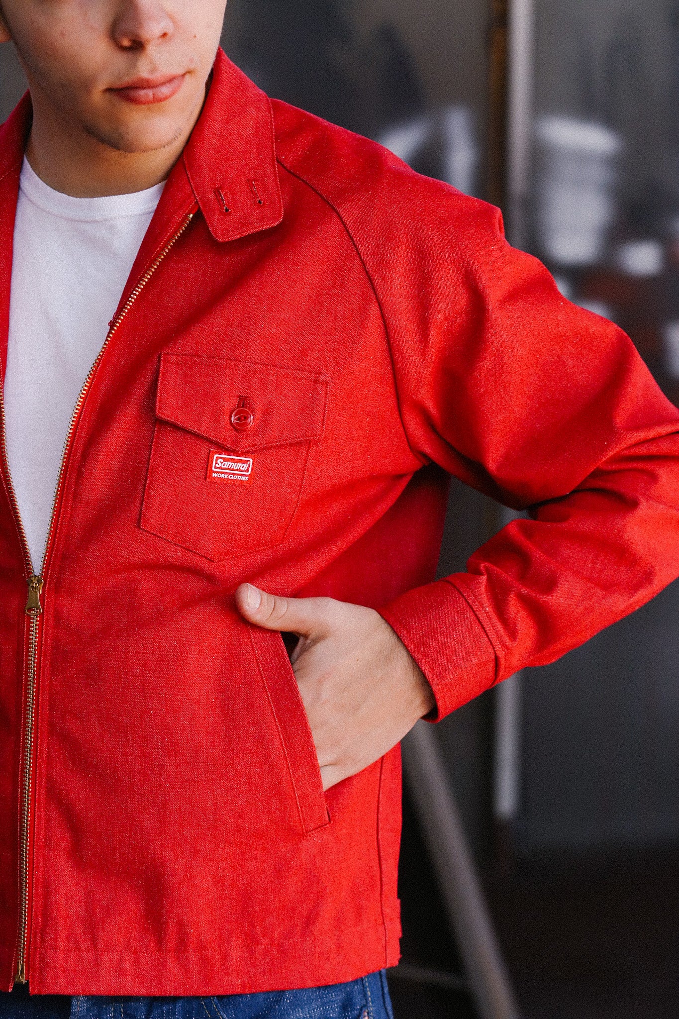 Embroidered Denim Work Jacket- Red (SWCJK25)