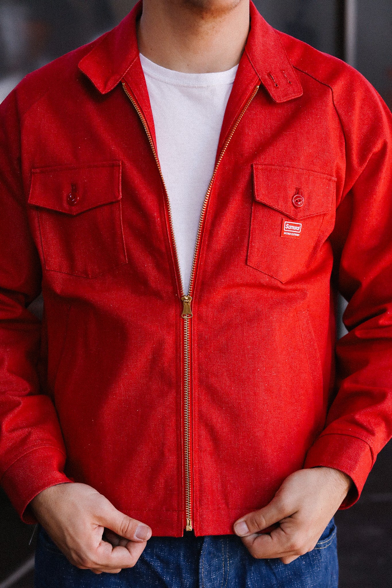 Embroidered Denim Work Jacket- Red (SWCJK25)