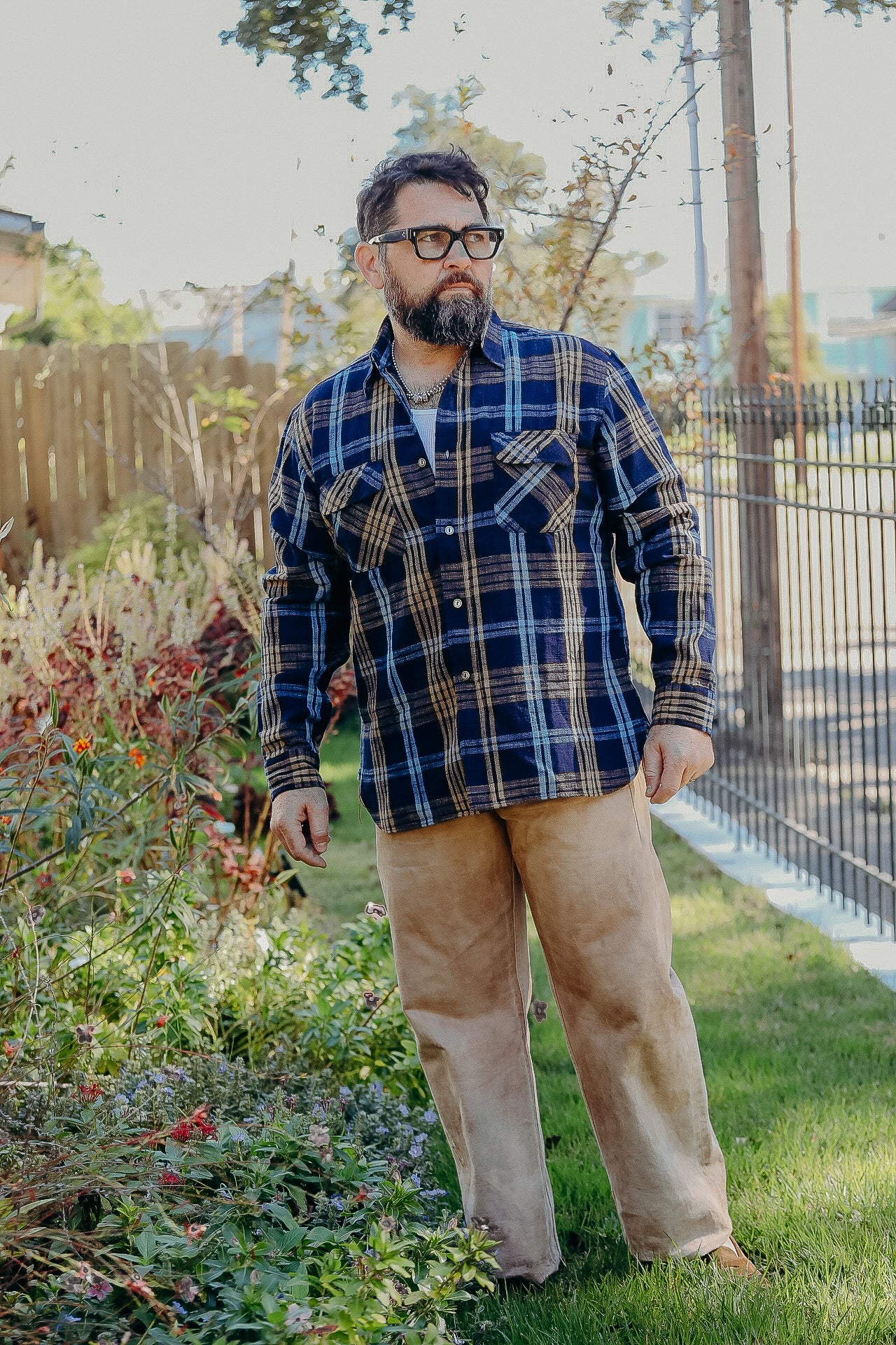 SUGAR CANE FICTION &amp; ROMANCE WORK SHIRT - 6 OZ INDIGO PLAID - INDIGO CHECK (SC29386)