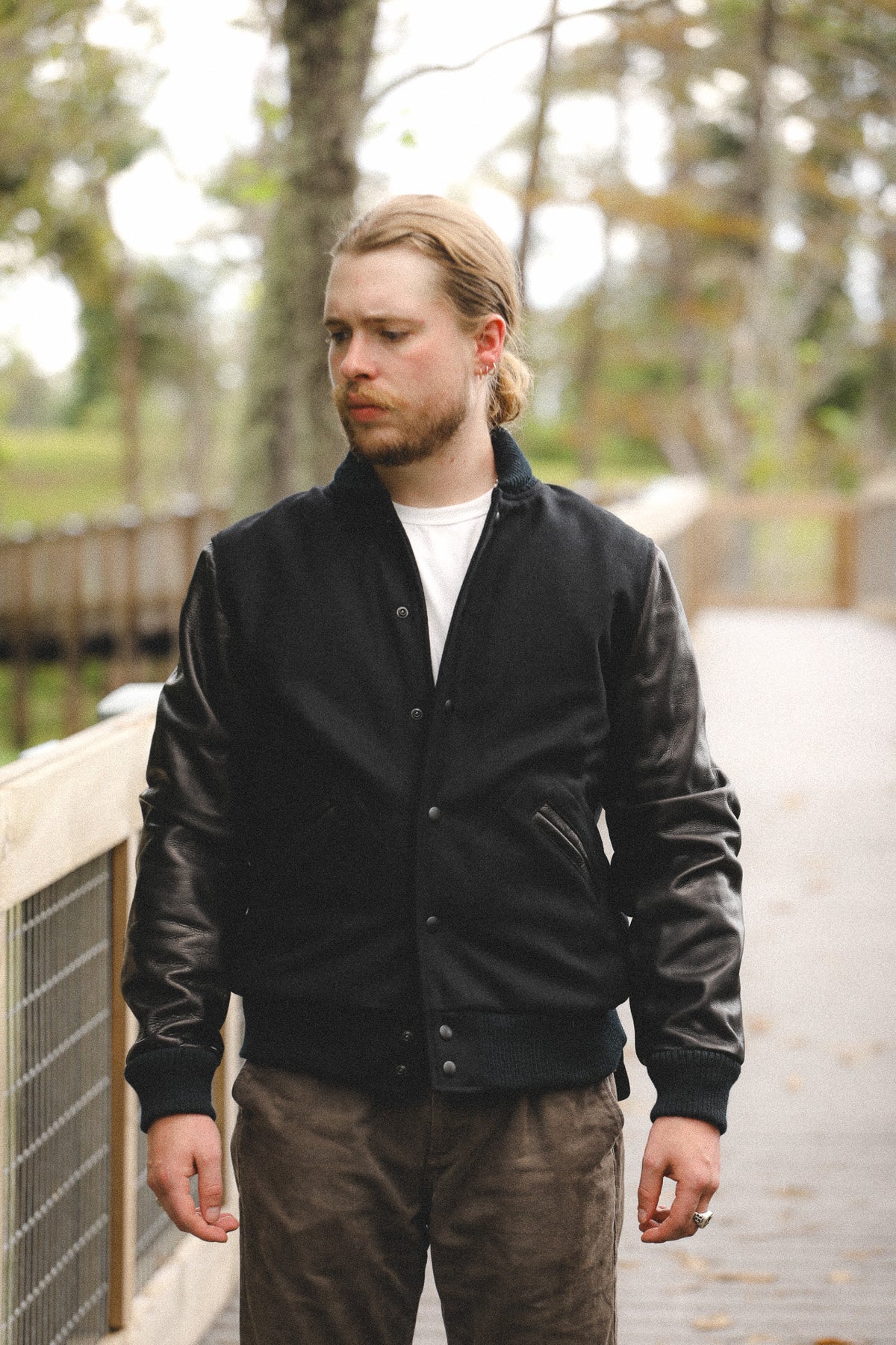 Dehen 1920 Varsity Jacket- Black Wool / Black Leather