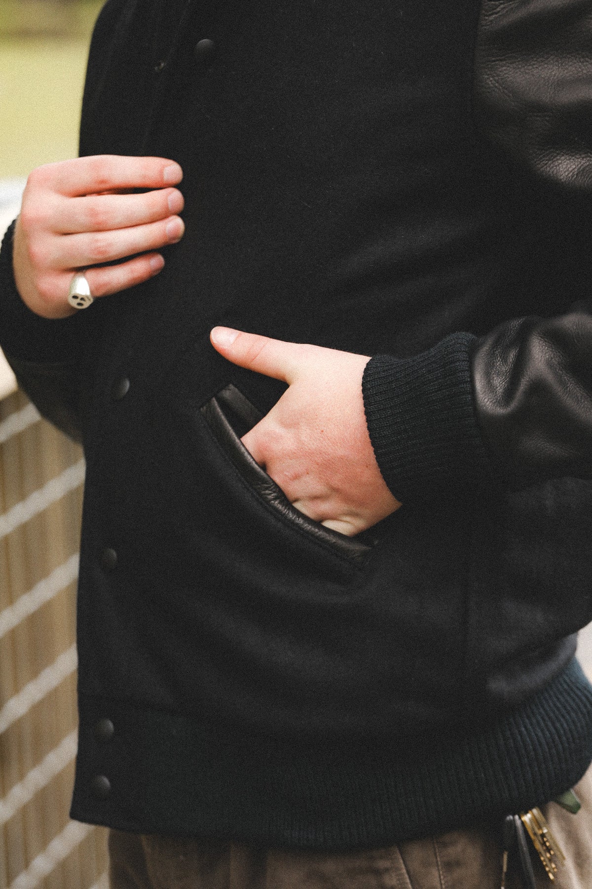 Dehen 1920 Varsity Jacket- Black Wool / Black Leather