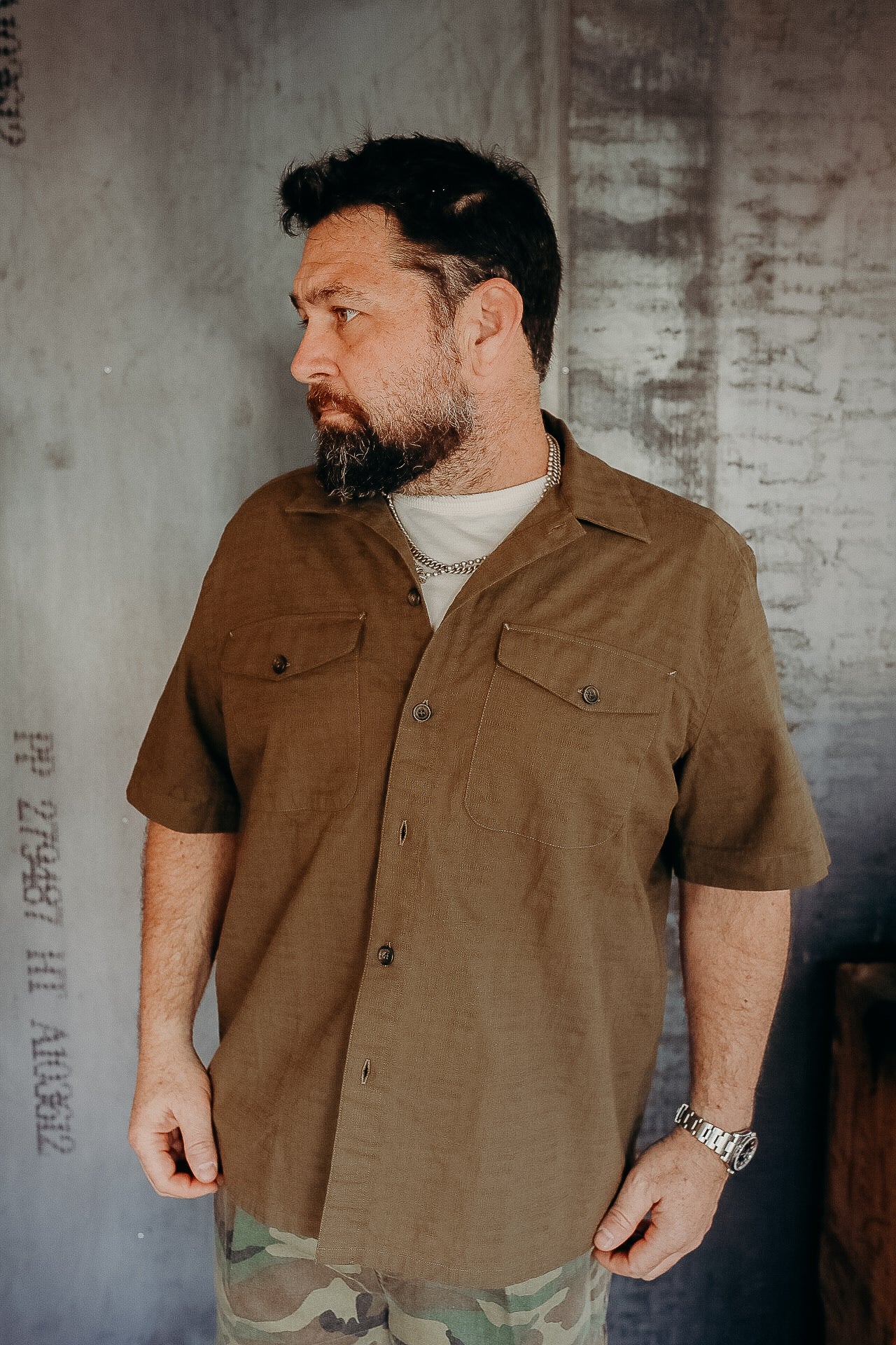 Safari Shirt- Drab Barkcloth