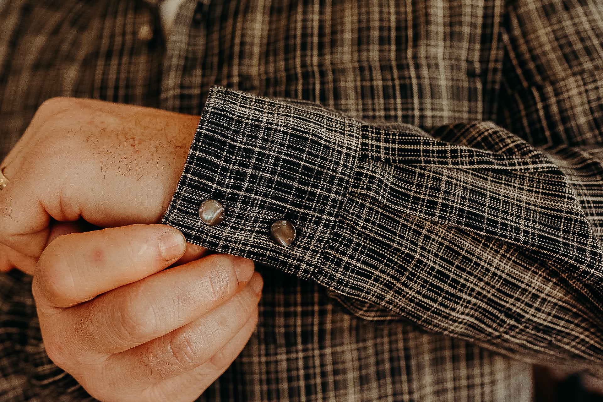 Open Collar Shirt- Black Micro Plaid