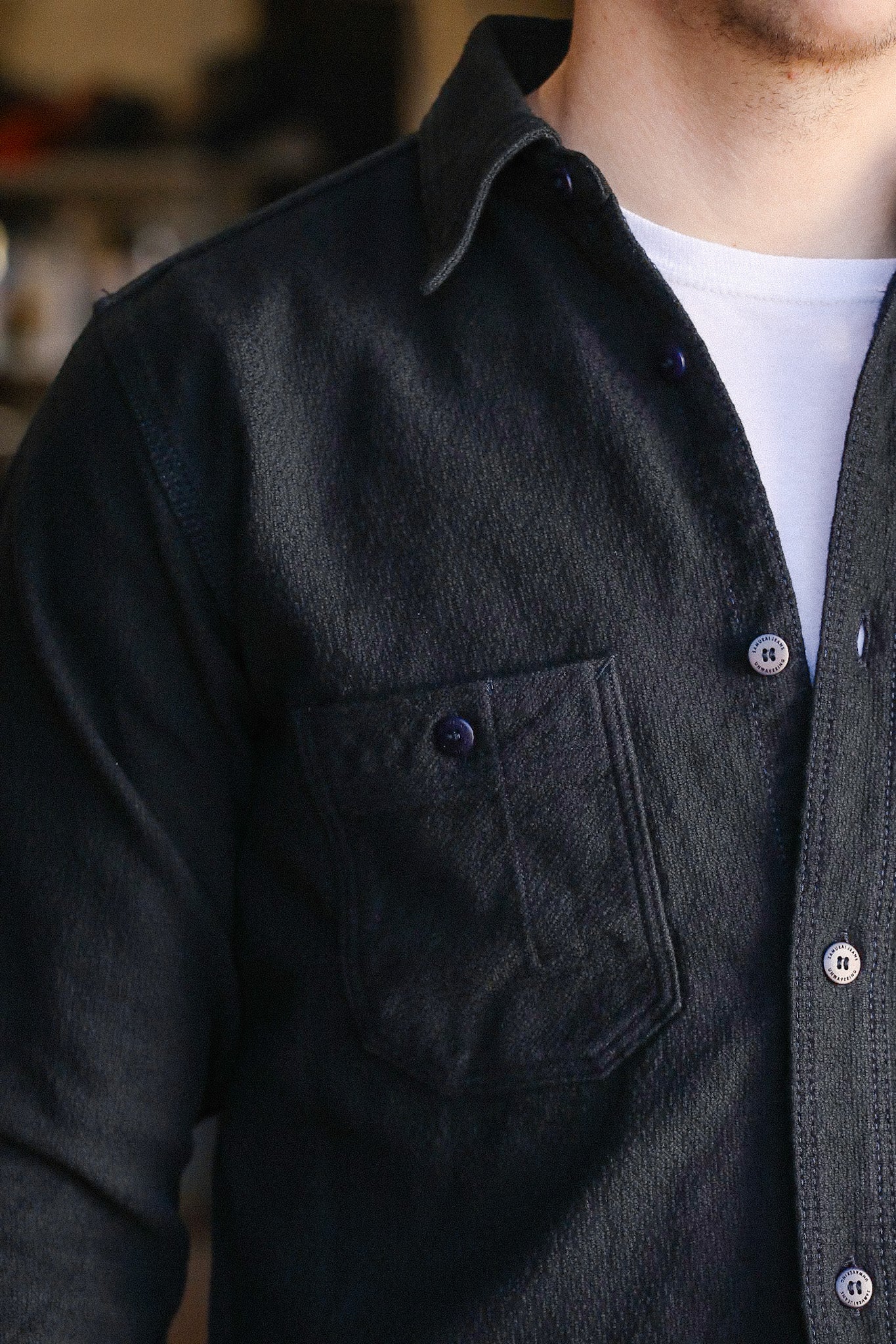 Overdyed Sashiko Flannel Work Shirt- Black (SSN24-01W)