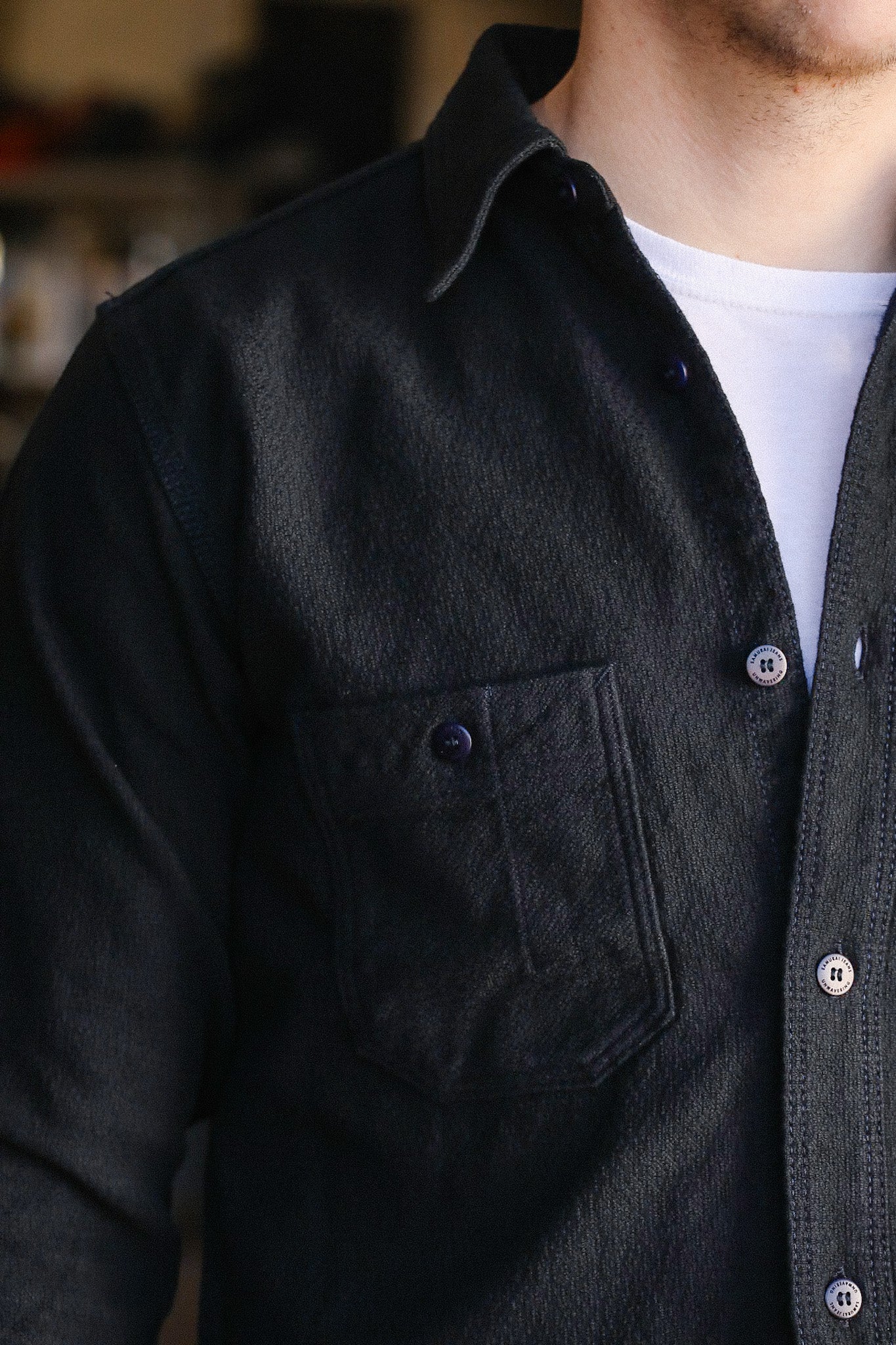 Overdyed Sashiko Flannel Work Shirt- Black (SSN24-01W)