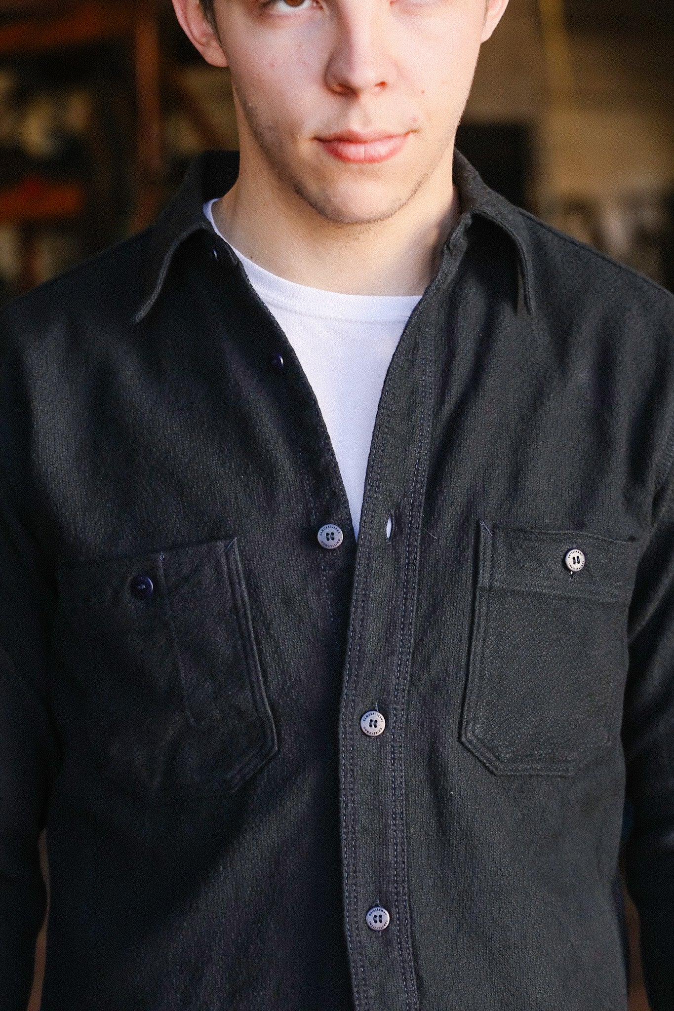 Overdyed Sashiko Flannel Work Shirt- Black (SSN24-01W)