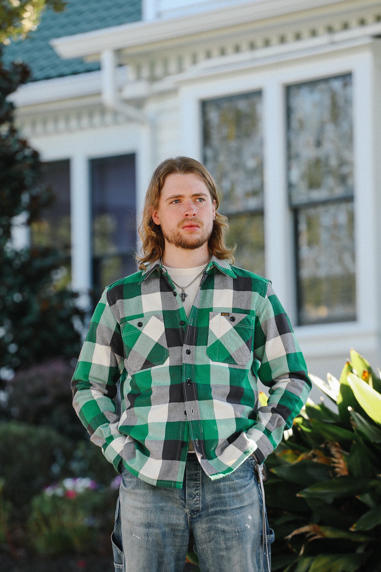 Ultra Heavy Flannel Vintage Check Work Overshirt - Green IHSH-428