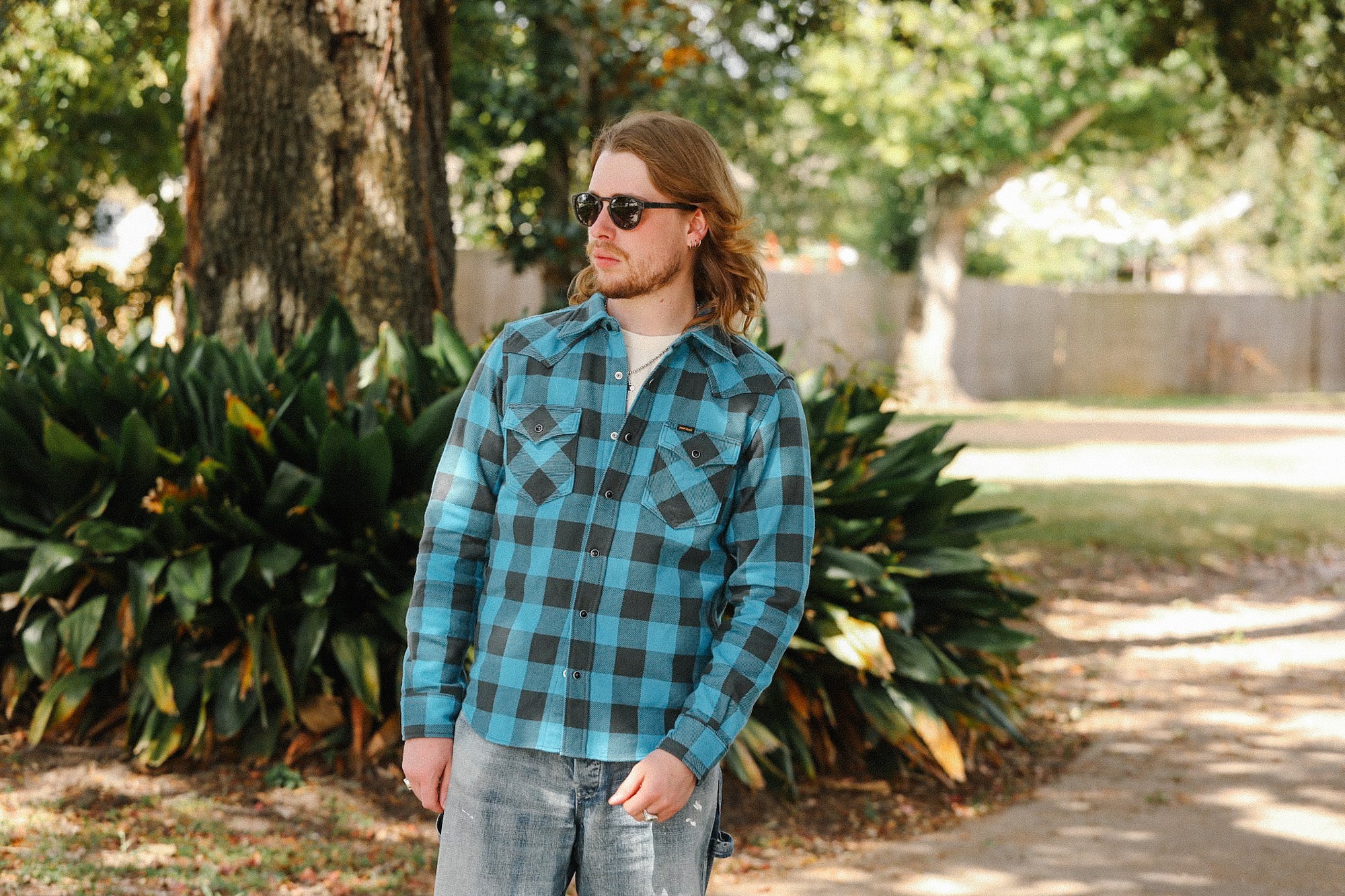 Iron Heart x ISP Ultra Heavy Flannel Buffalo Check Western Shirt - Turquoise/Grey IHSH-101-TG