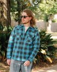 Iron Heart x ISP Ultra Heavy Flannel Buffalo Check Western Shirt - Turquoise/Grey IHSH-101-TG