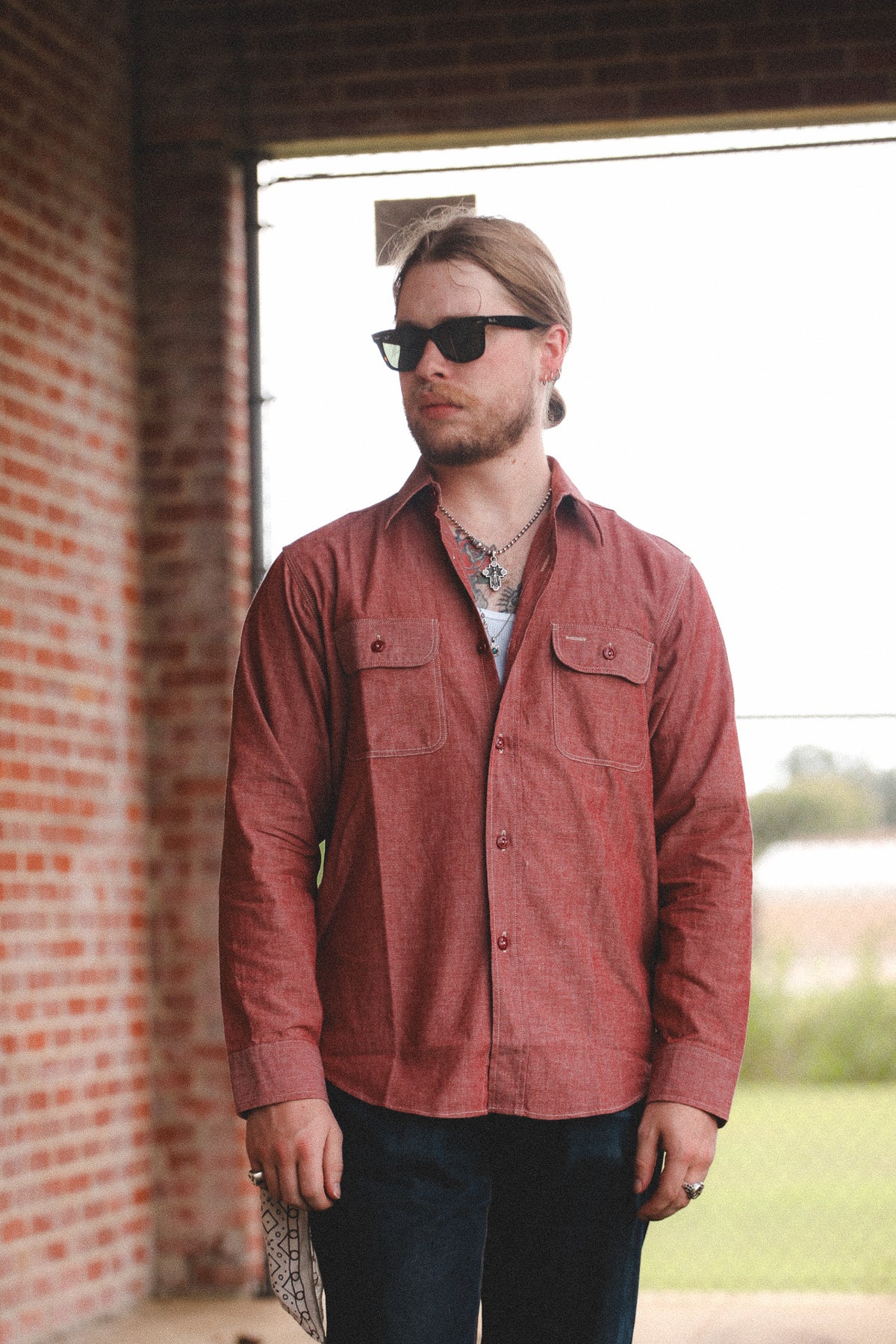 SC29682 Sugar Cane Chambray Work Shirt- Red