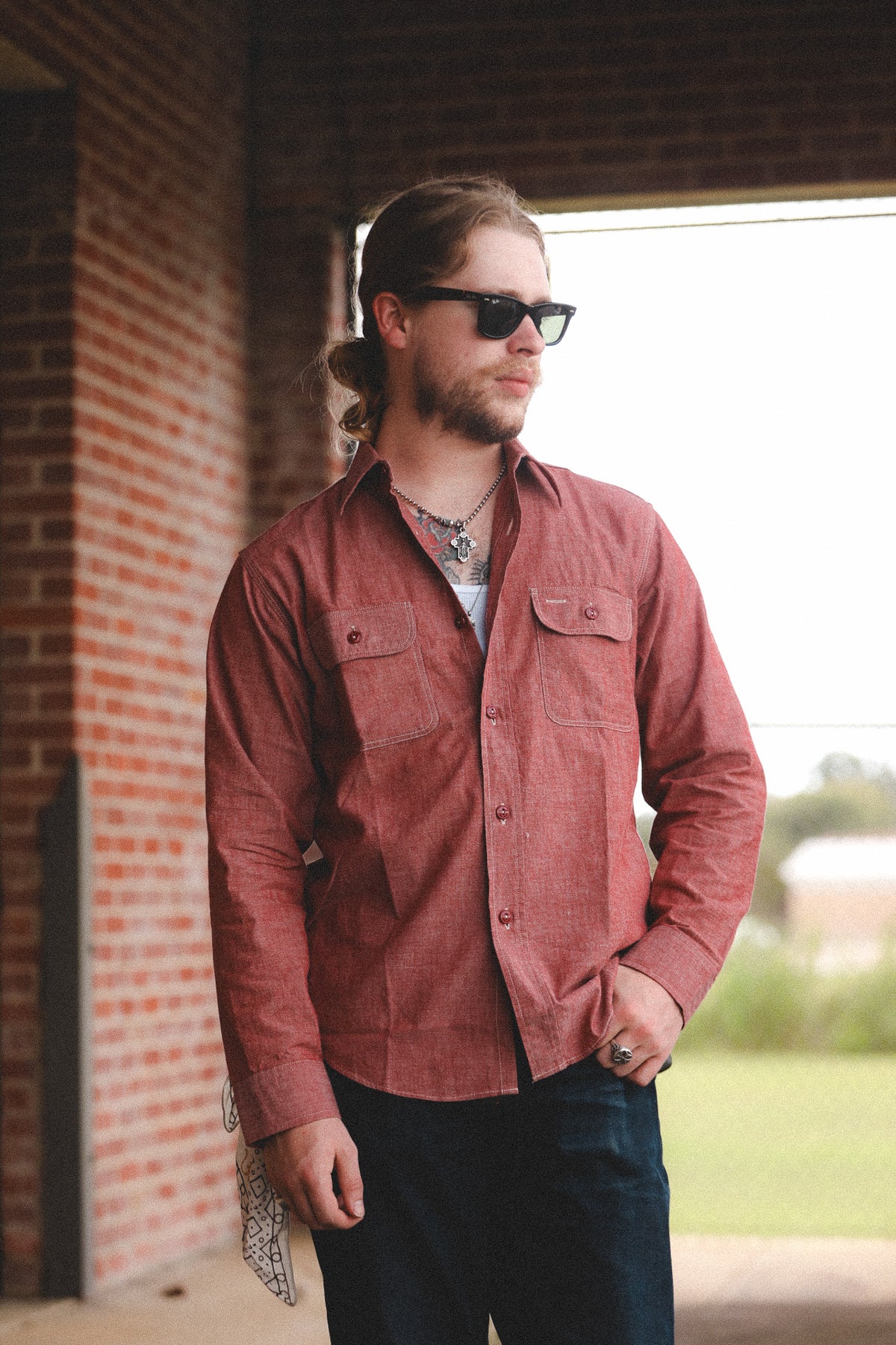 SC29682 Sugar Cane Chambray Work Shirt- Red