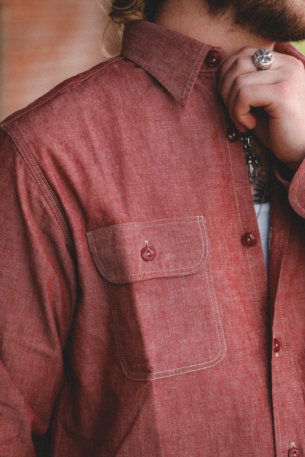 SC29682 Sugar Cane Chambray Work Shirt- Red