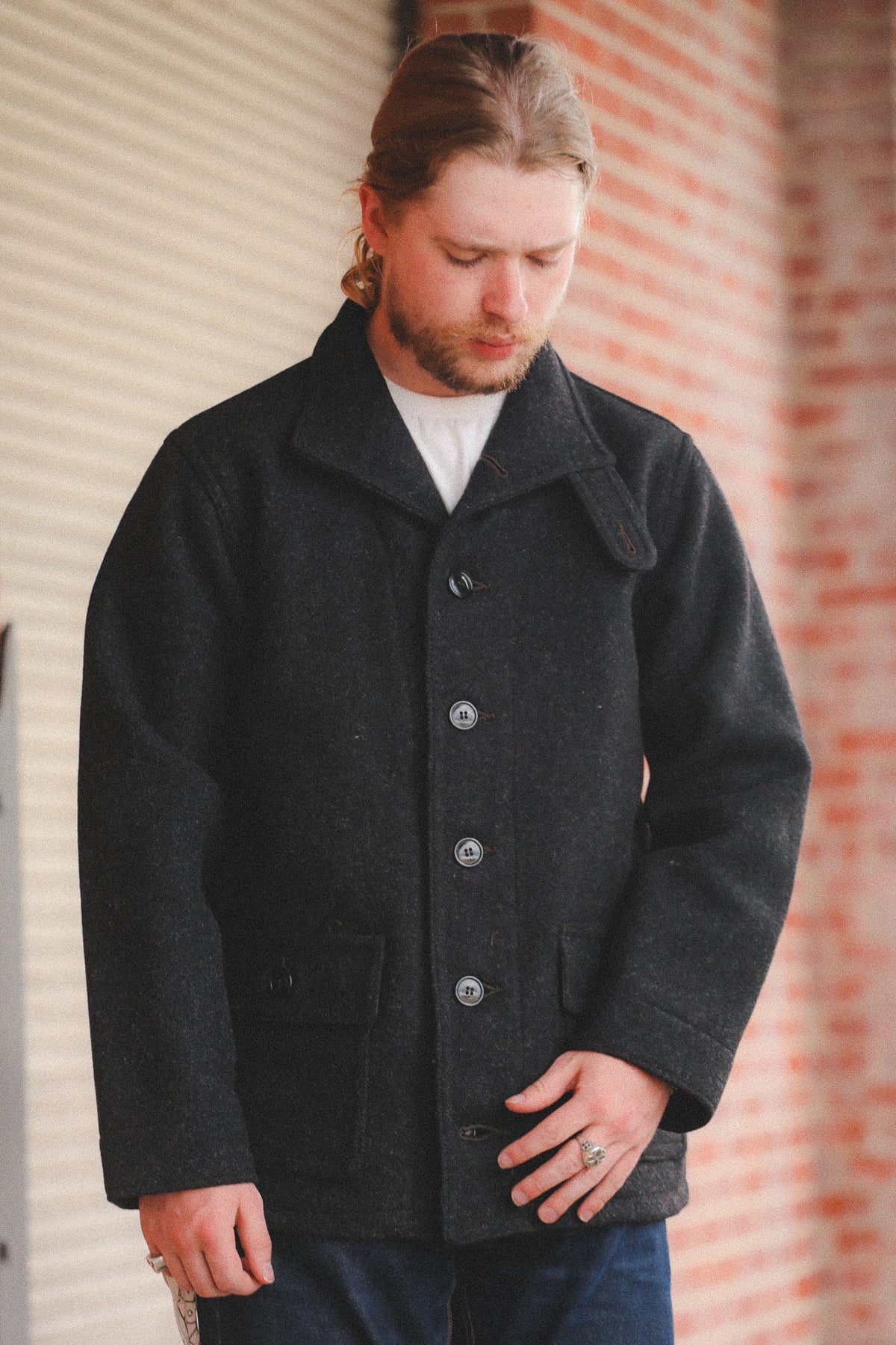 BR15764 Buzz Rickson U.S. Navy Woolen Submariner Coat- 30oz Wool Herringbone Charcoal