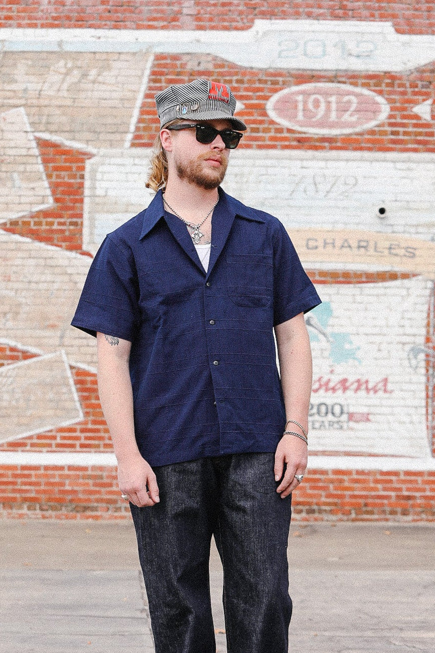 SOS26-ARS Samurai Jeans Indigo Sashiko Lattice Open Collar Shirt- Indigo
