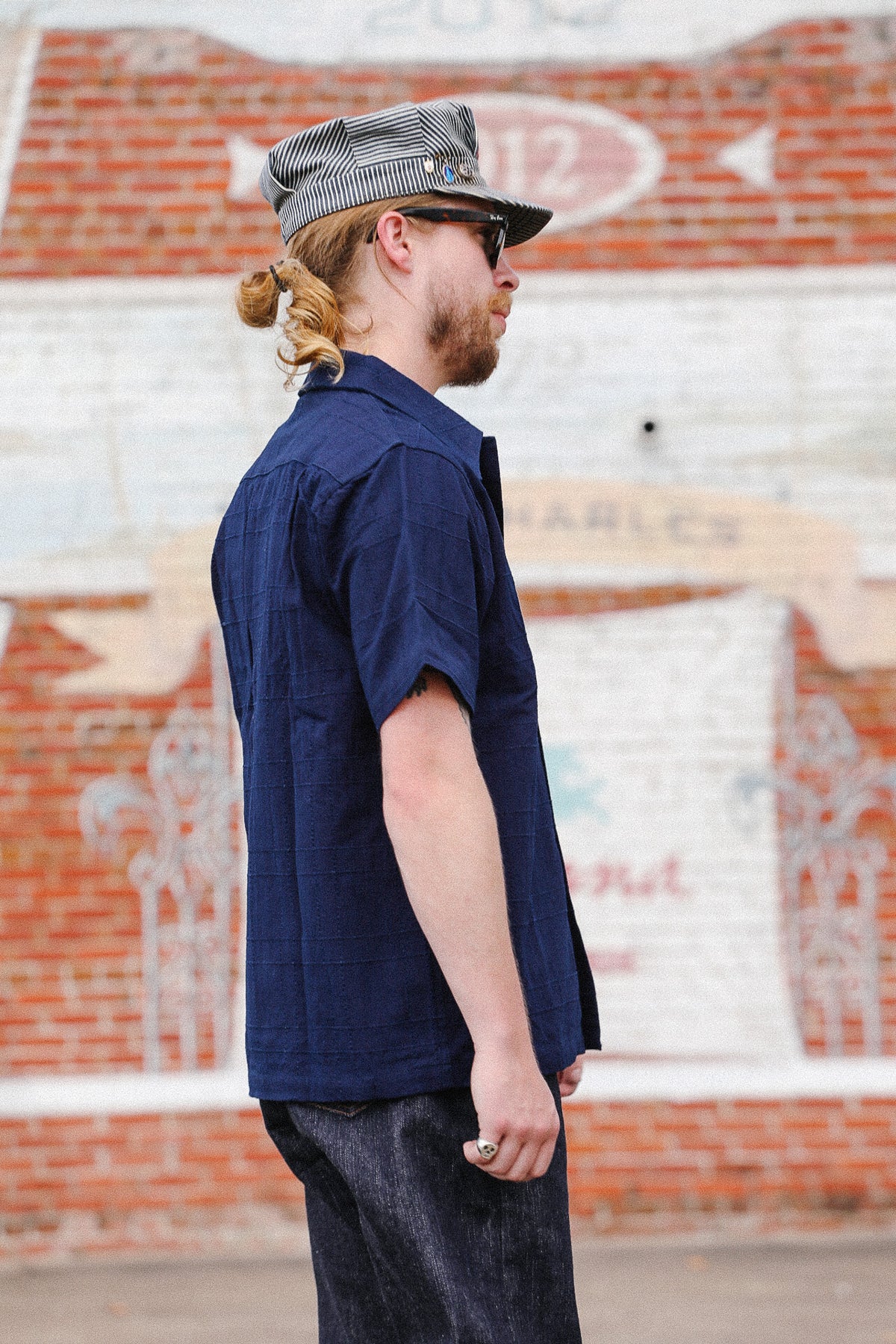 SOS26-ARS Samurai Jeans Indigo Sashiko Lattice Open Collar Shirt- Indigo