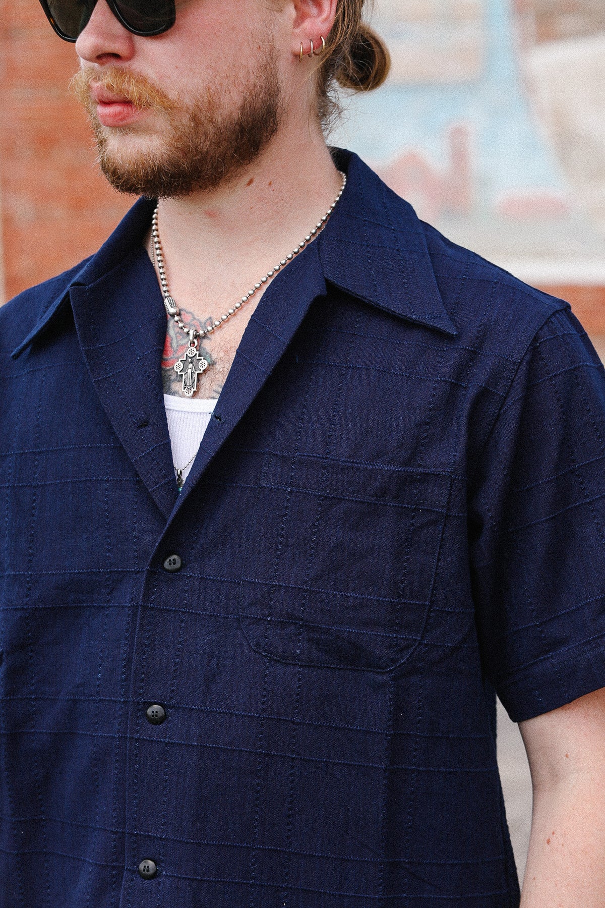 SOS26-ARS Samurai Jeans Indigo Sashiko Lattice Open Collar Shirt- Indigo