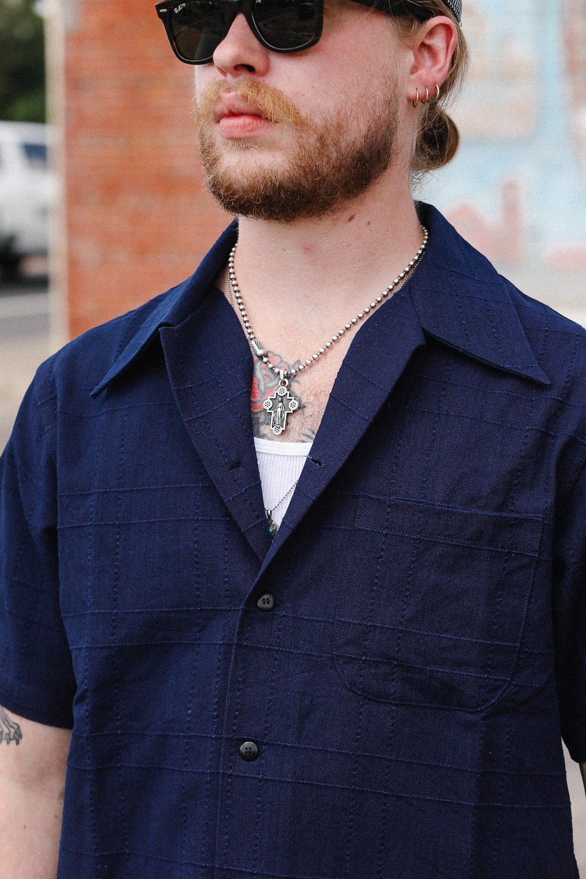 SOS26-ARS Samurai Jeans Indigo Sashiko Lattice Open Collar Shirt- Indigo