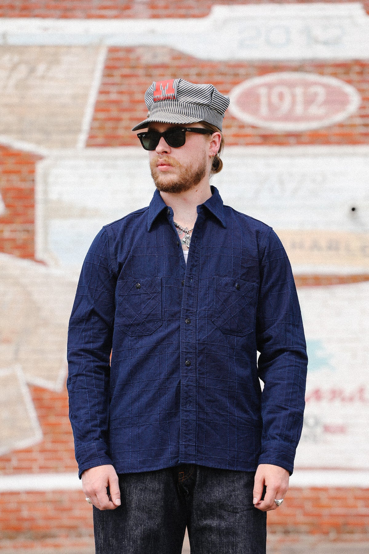 SSS26-ARS Samurai Jeans Indigo Sashiko Lattice Dobby Work Shirt- Indigo