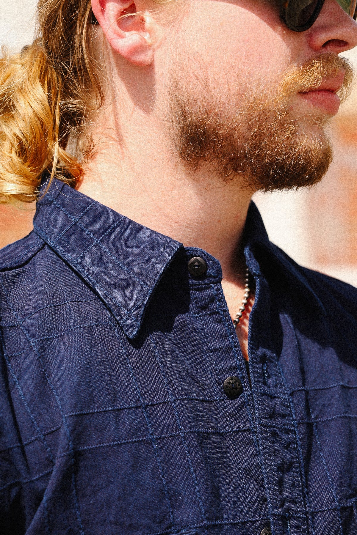 SSS26-ARS Samurai Jeans Indigo Sashiko Lattice Dobby Work Shirt- Indigo