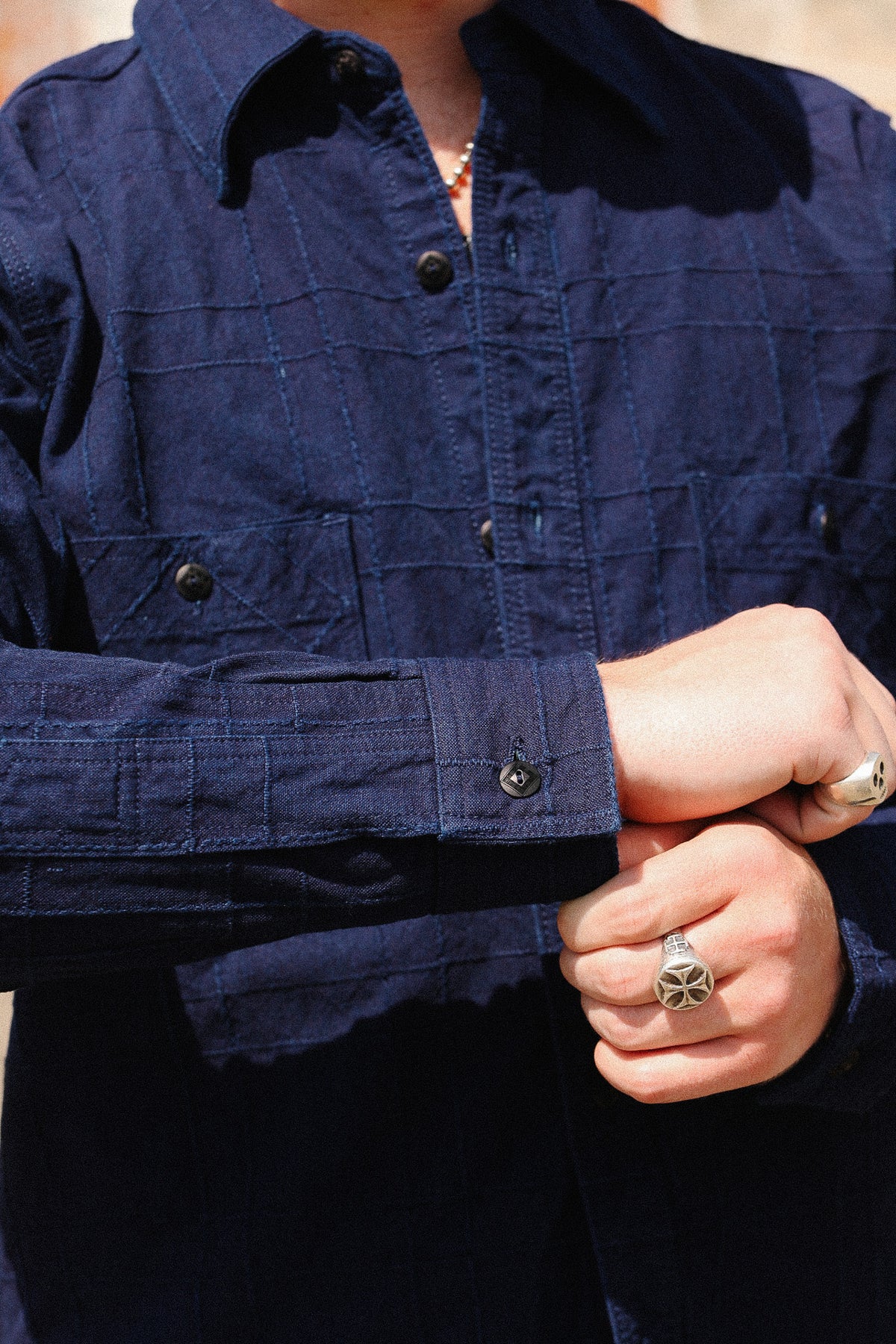 SSS26-ARS Samurai Jeans Indigo Sashiko Lattice Dobby Work Shirt- Indigo