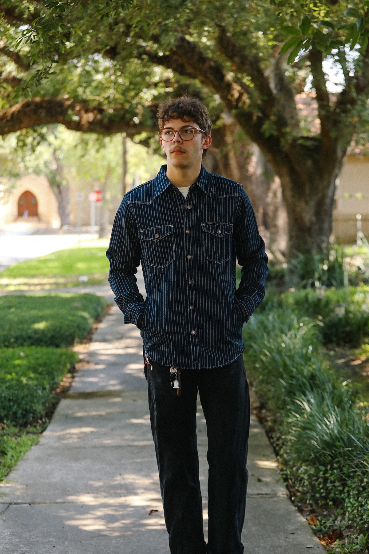A man wearing a dark navy blue and white pinstriped button-down shirt with dark jeans stands on a paved pathway under the leafy canopy of a large tree.