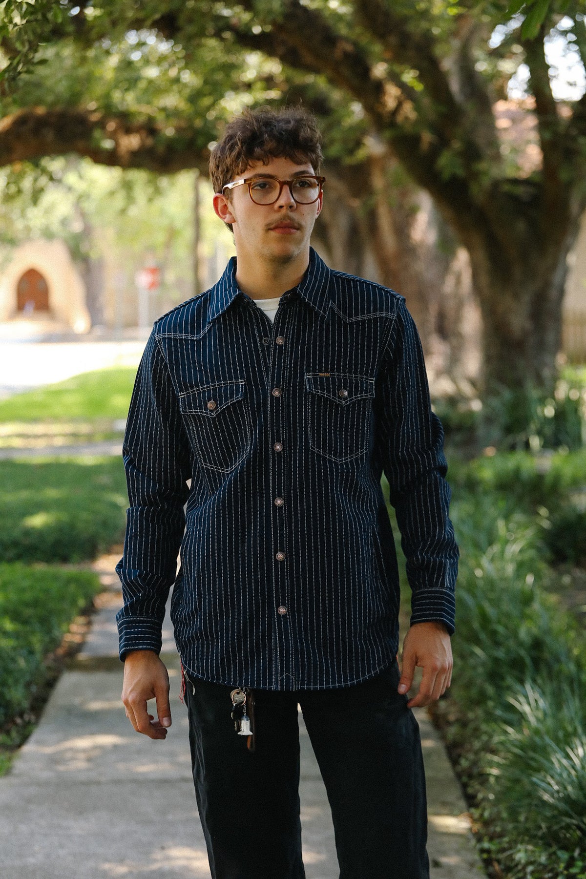 A man wearing a dark navy blue pinstriped button-down shirt and glasses, standing on a paved path in a sunny, tree-lined outdoor setting.