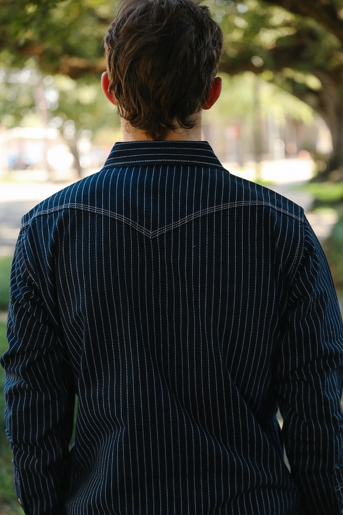 A man viewed from behind wearing a dark navy blue long-sleeve western shirt with thin white vertical pinstripes and contrast stitching on the shoulders, set against a blurred outdoor background of trees.