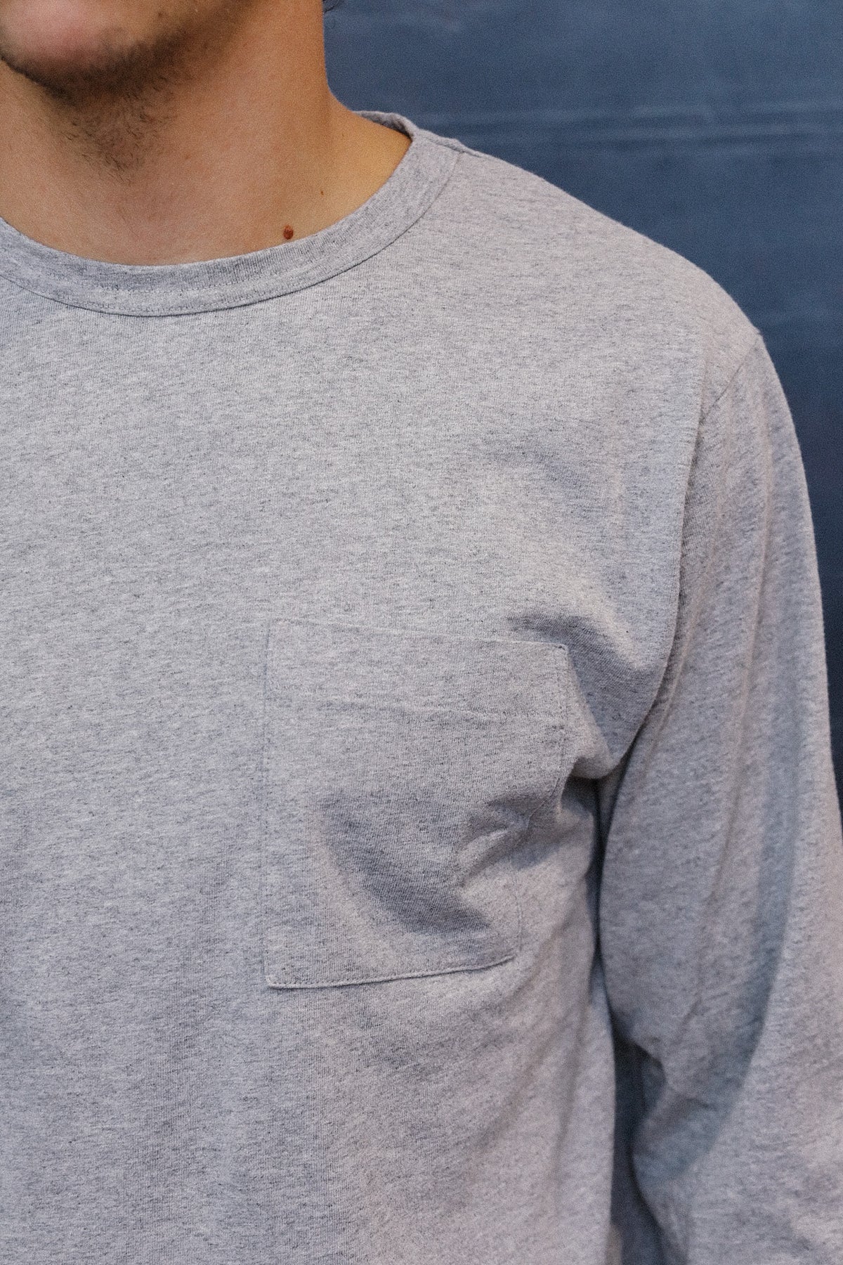 Grey long sleeve t-shirt up close detail 