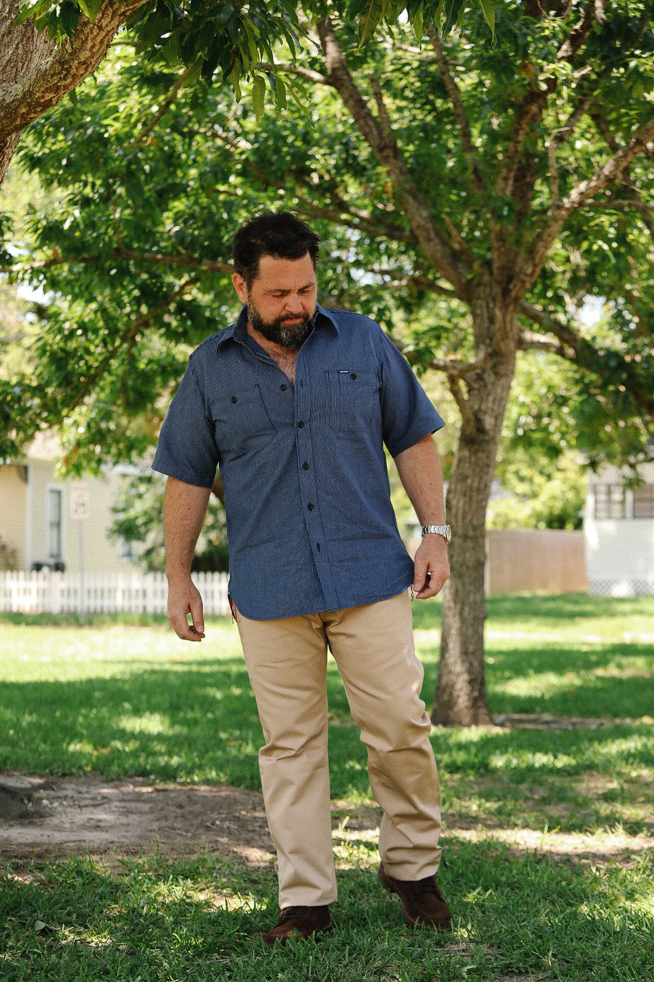 5oz Selvedge Ox Cloth Short Sleeved Work Shirt - Pinstripe IHSH-420-PIN