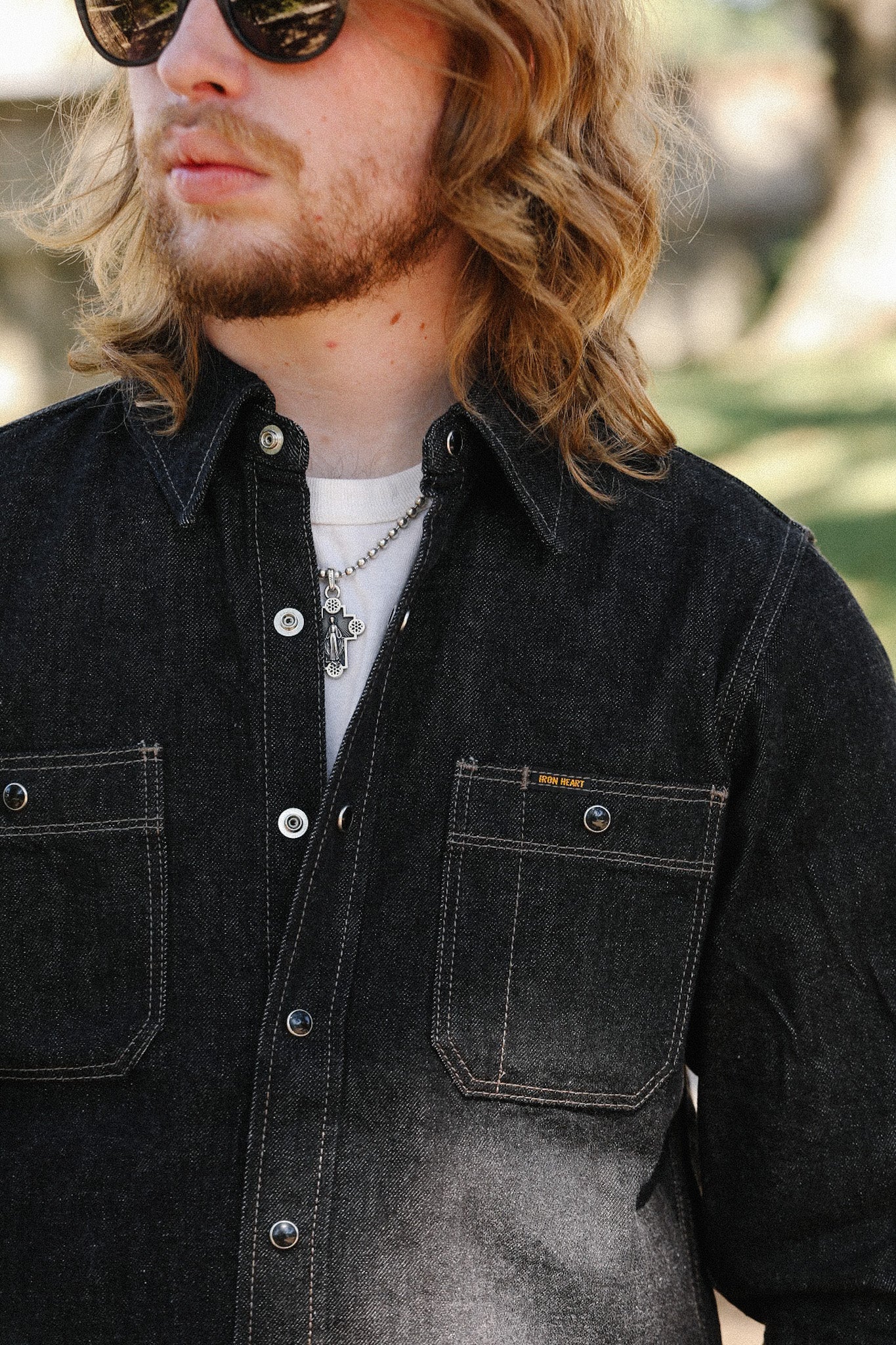 12oz Selvedge Denim Work Shirt With Snaps - Black and cream IHSH