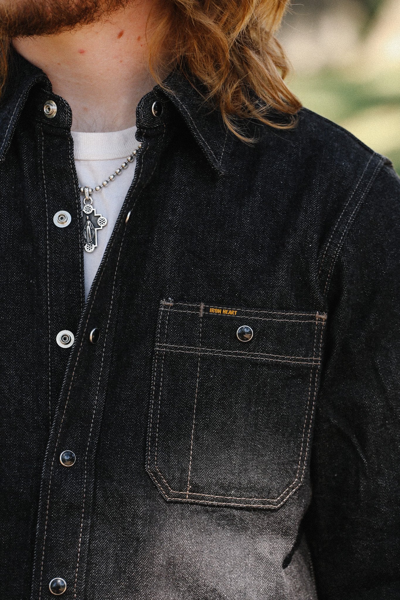 12oz Selvedge Denim Work Shirt With Snaps - Black and cream IHSH