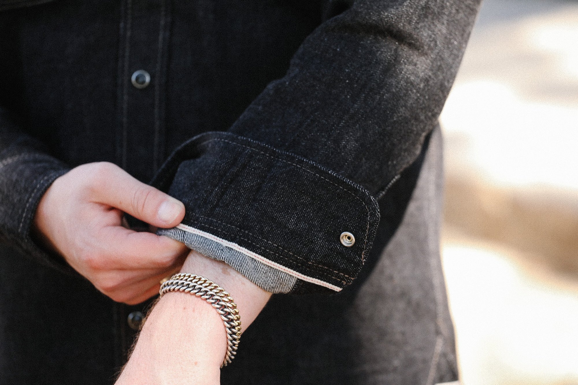 12oz Selvedge Denim Work Shirt With Snaps - Black and cream IHSH-326-BLK