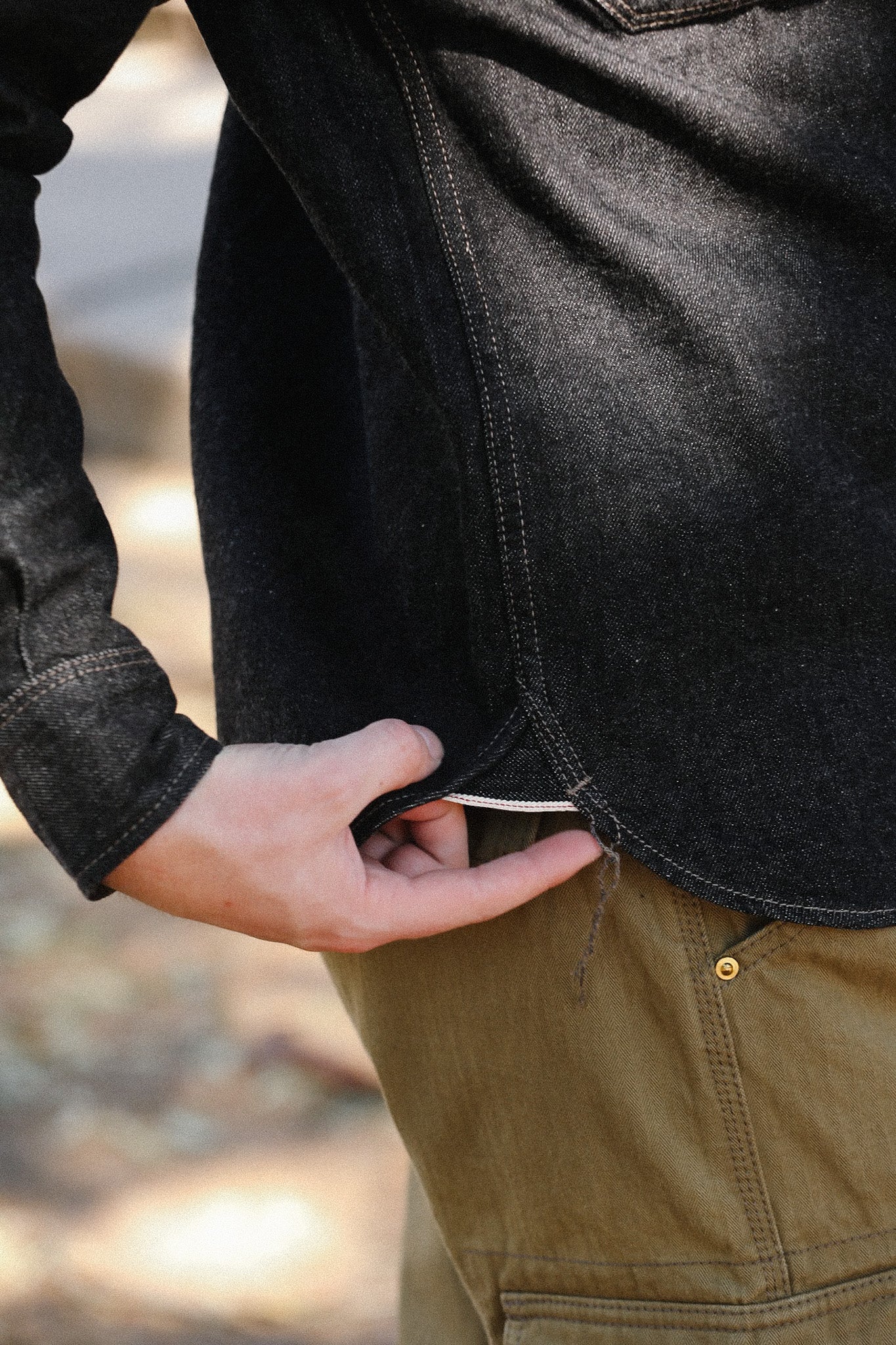 12oz Selvedge Denim Work Shirt With Snaps - Black and cream IHSH
