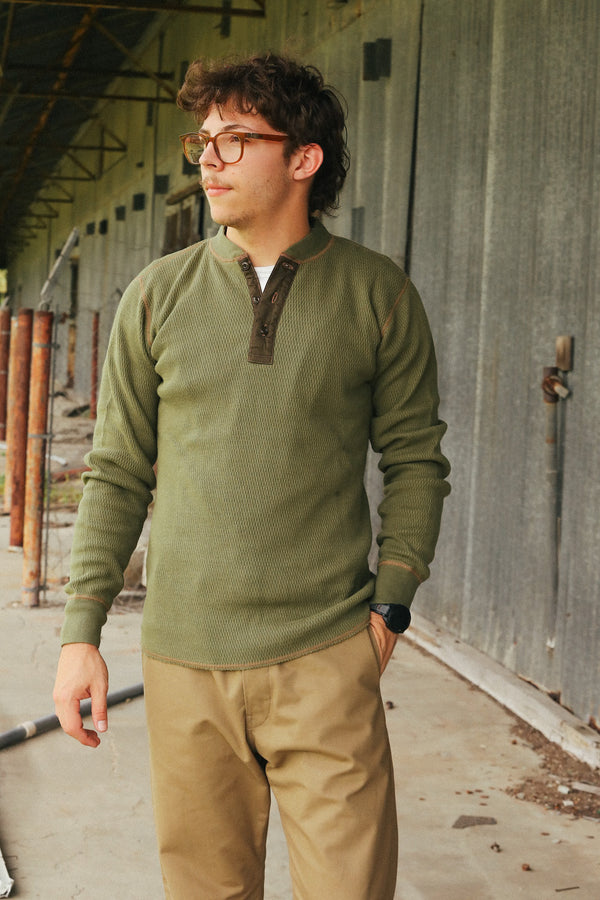 BR68130 Buzz Rickson Thermal Henley Neck Long Sleeve T-Shirt-Olive
