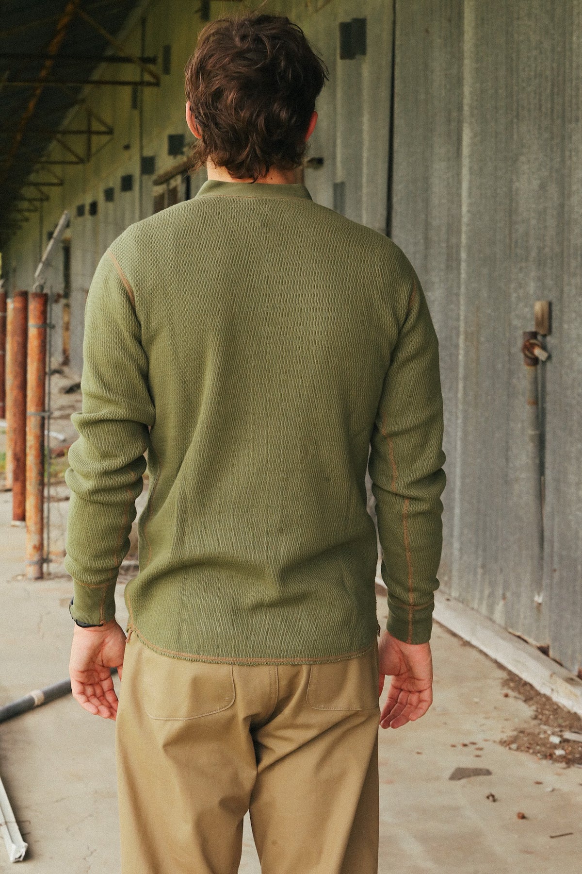 BR68130 Buzz Rickson Thermal Henley Neck Long Sleeve T-Shirt-Olive
