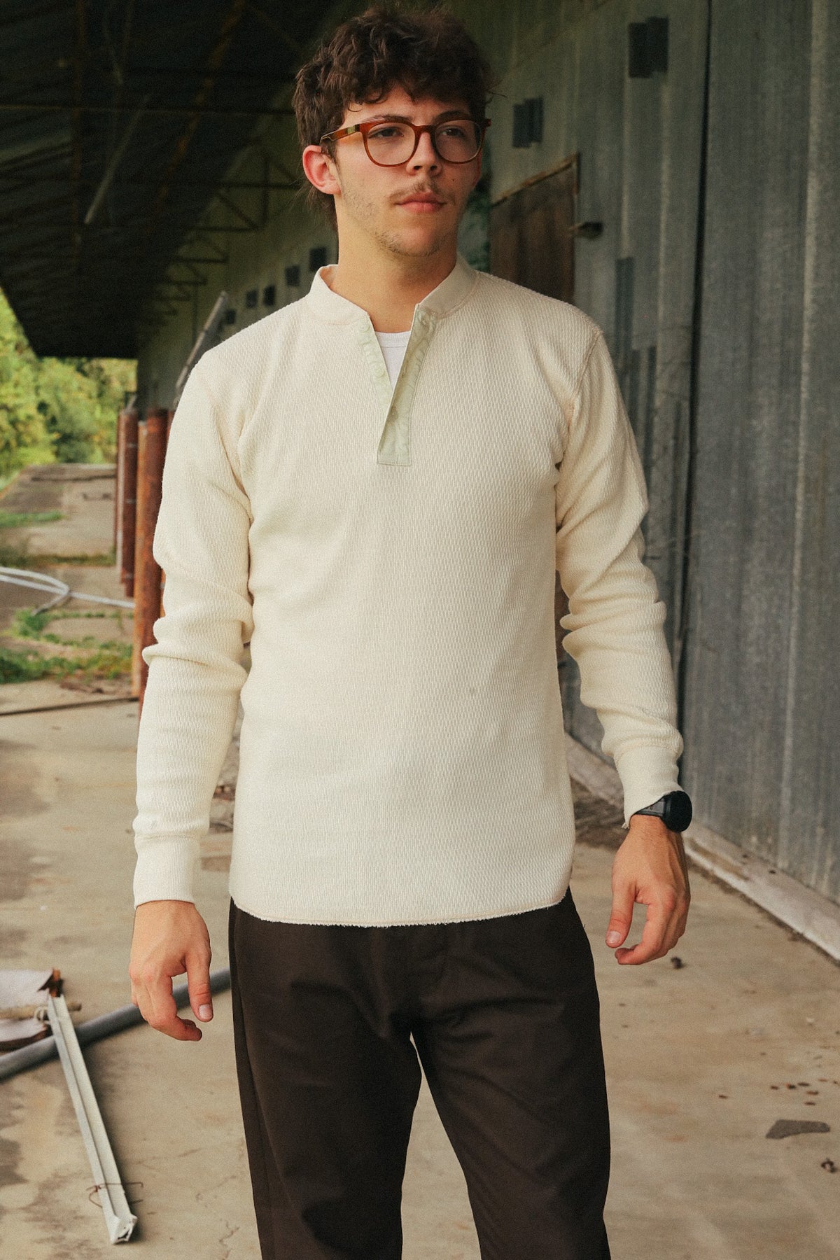 BR68130 Buzz Rickson Thermal Henley Neck Long Sleeve T-Shirt- Natural