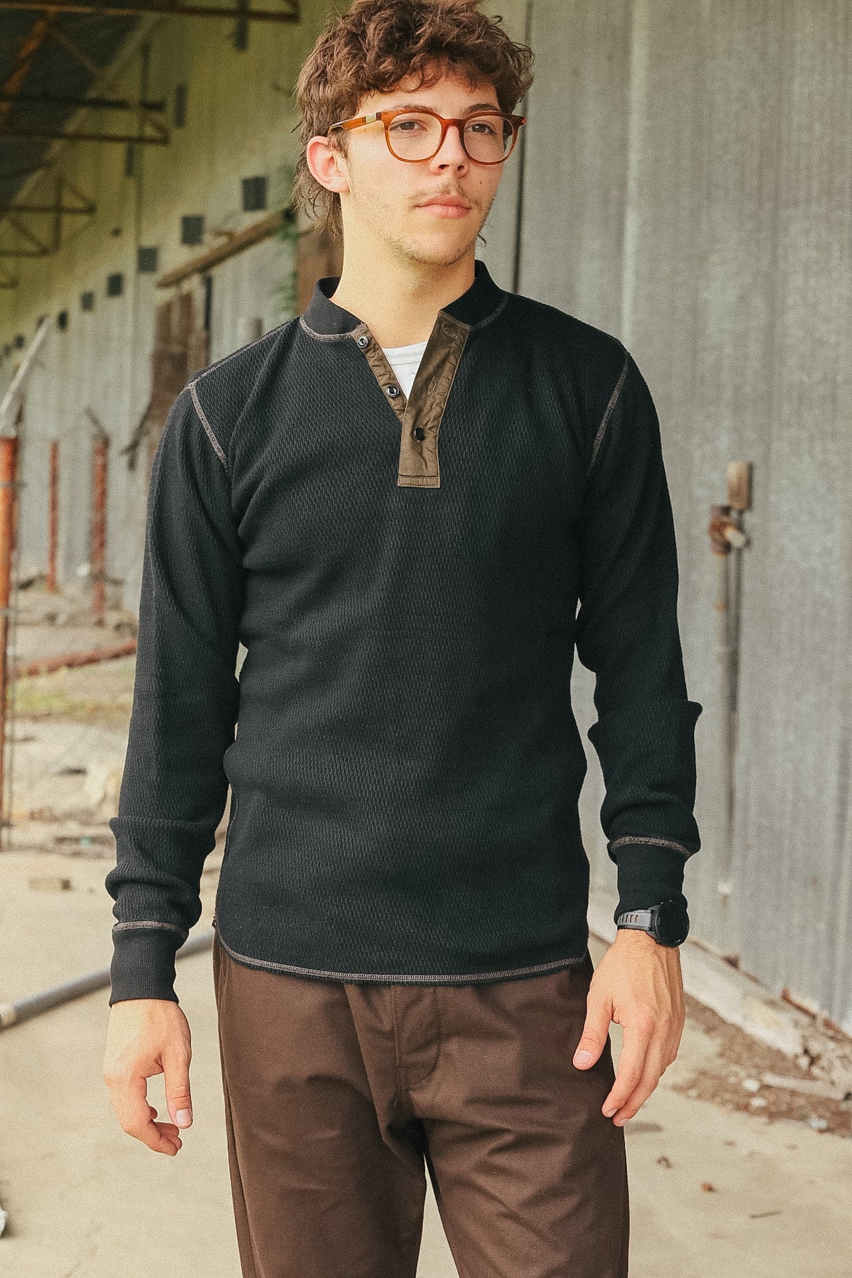BR68130 Buzz Rickson Thermal Henley Neck Long Sleeve T-Shirt-Black